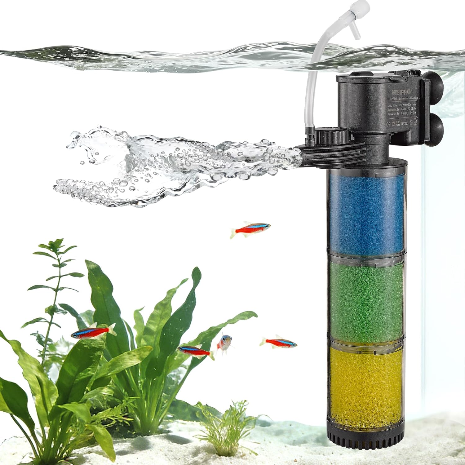 Internal Fish Tank Filter, 3-Stage Biochemical Sponge Filtration, 90GPH Adjustable Water Flow Submersible Aquarium Filter Pump with Aeration for 20 ~ 30 Gallon Freshwater Saltwater, TH-280B(90GPH)