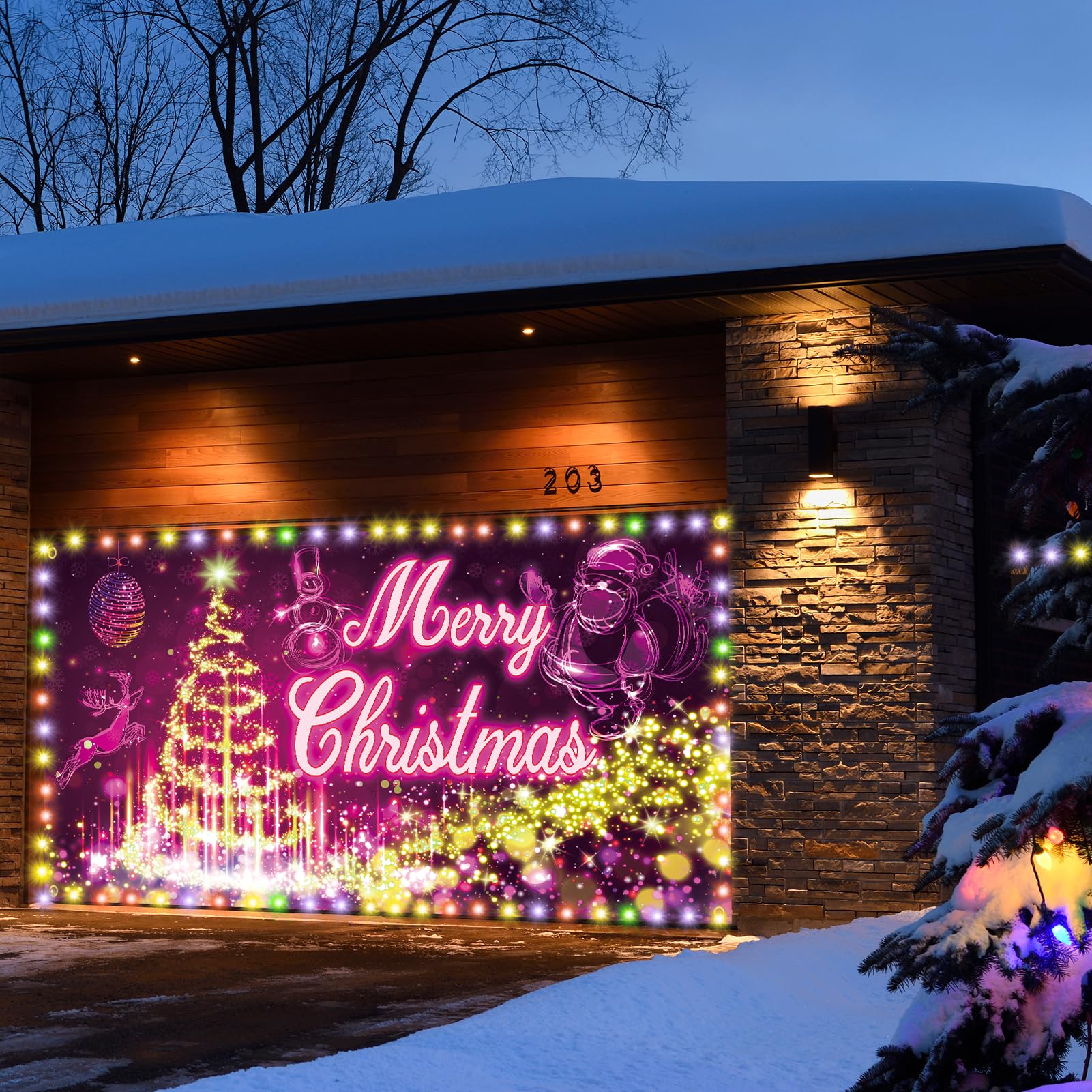 CrenicsLighted Christmas Garage Door Decorations, 7 x 16 Ft Creative Christmas Garage Door Cover Banner, Indoor Outdoor Xmas Holiday Decorations