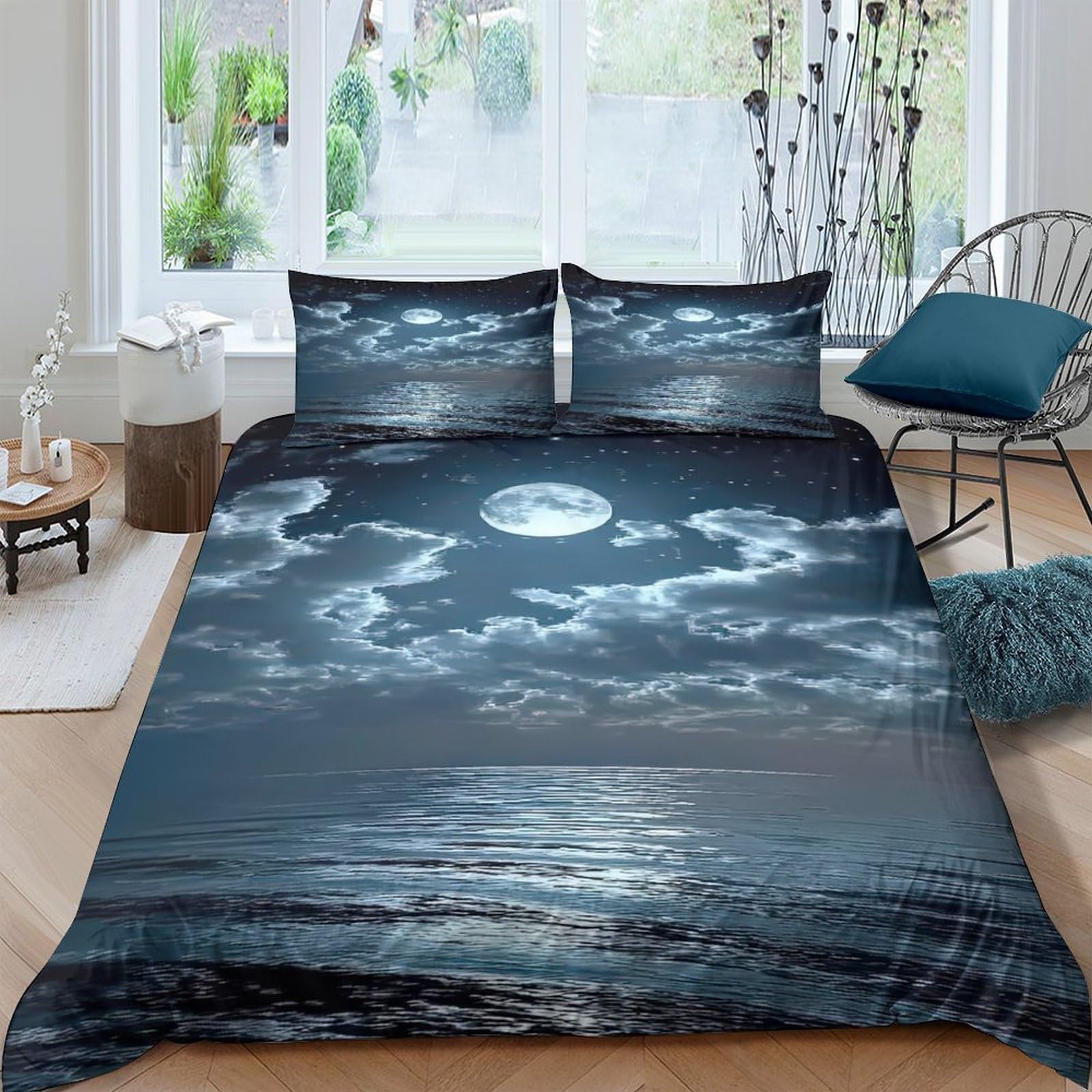 Ctjqhvkz Style-5 3D Printed Moonlit Ocean Fitted Sheet Microfiber Soft Breathable Night Sky Bed Cover For Bedroom Dorm Decor Single（135X200cm）