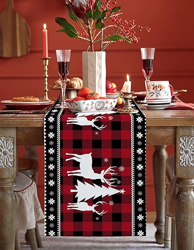 Camino de mesa de Navidad, diseño de búfalo rojo y negro, a cuadros, algodón, lino, para invierno, bufandas largas de 108 pulgadas, para decoración