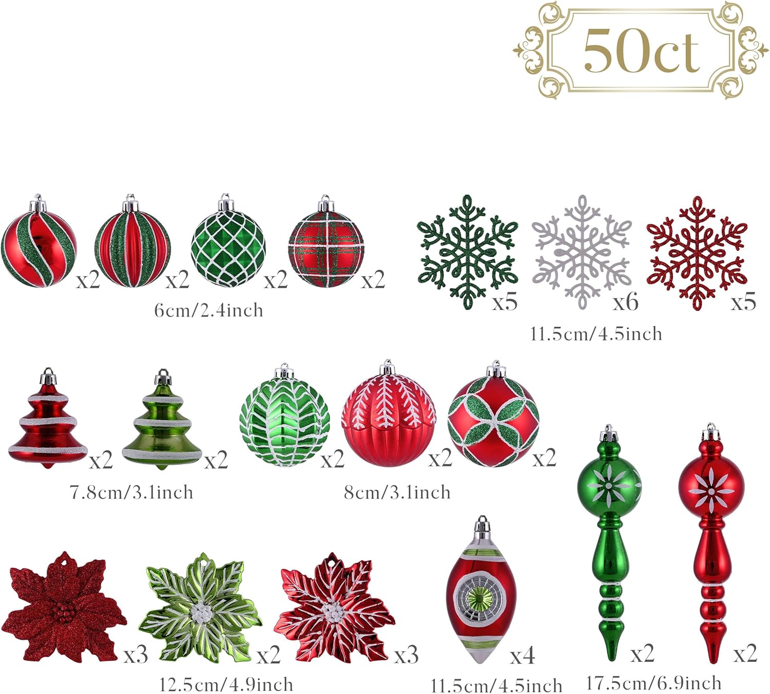 Valery Madelyn Christmas Tree Ornaments Set, 50ct Red Green White Shatterproof Christmas Tree Decorations Bulk, Variety Vintage Decorative Hanging Ball Ornaments for Xmas Trees Holiday Party Decor