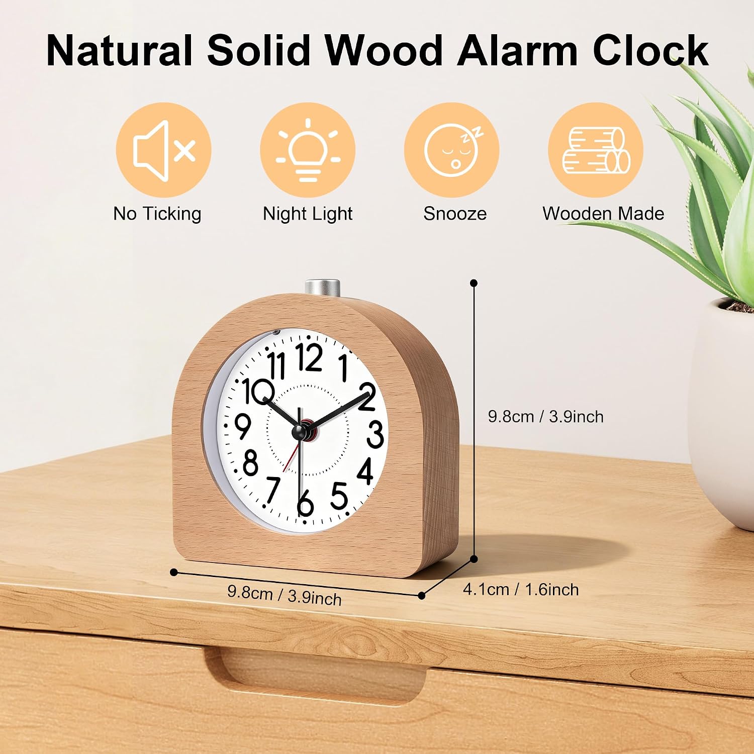 Lafocuse Silent Bedside Alarm Clock, Wood Frame Analog Alarm Clock with Snooze, Nightlight Function, Desk Table Clocks for Bedroom Home Kitchen