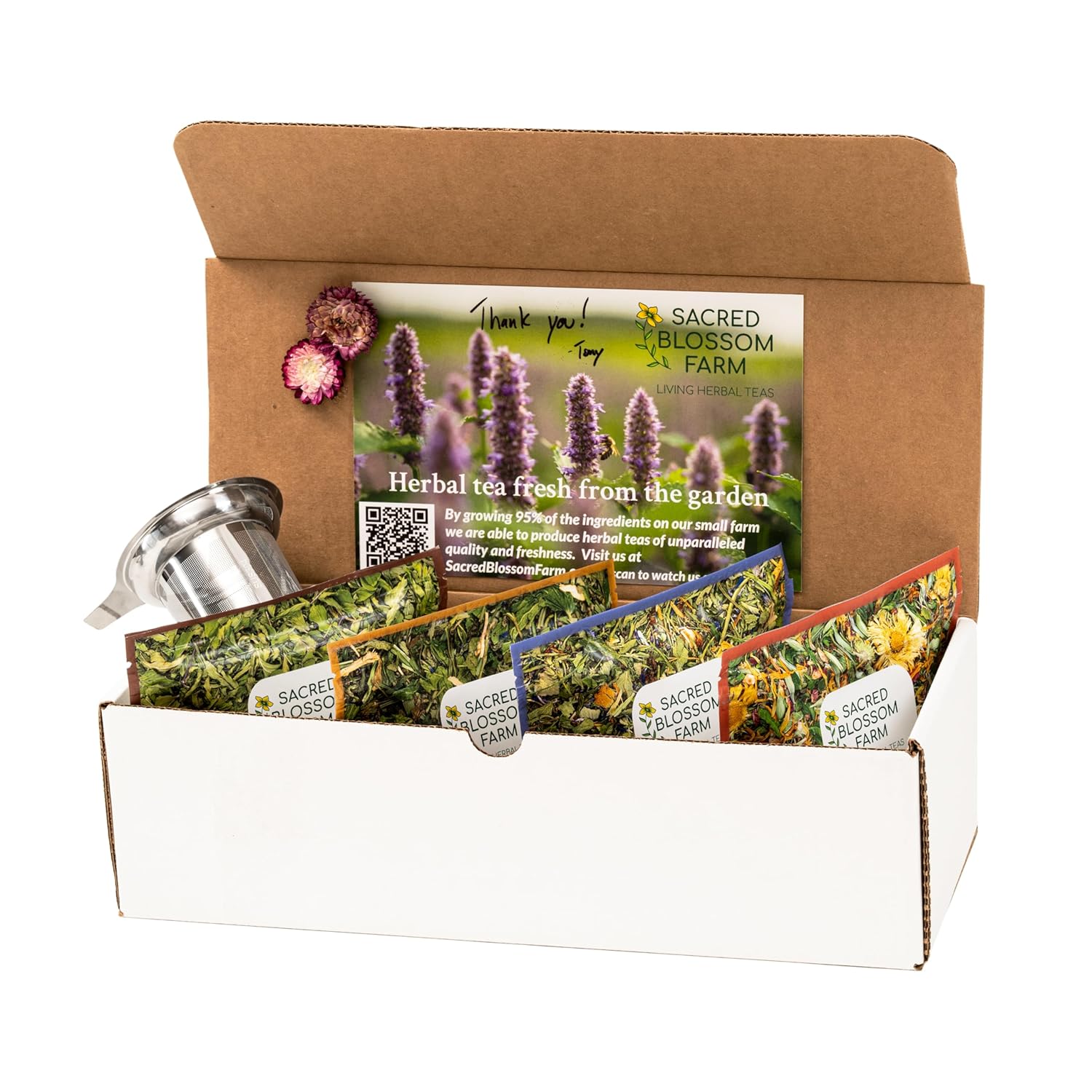 Sacred Blossom Farm Herbal Tea | Box of Flavor Set | 4 Top Selling Flavors | Farm Direct | Loose Leaf Tea | All Natural & Sustainably Grown in USA | Caffeine Free | 100+ Servings