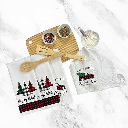 Vista 29 de Toallas de mano de cocina navideñas: ten una feliz Navidad en tejido plano y colorido estampado de flor de pascua en tejido de espiga, 100% algodón