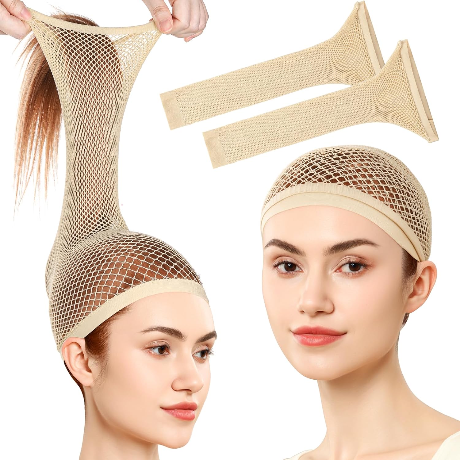 FANDAMEI Large Mesh Wig Caps for Long Thick Hair - Non-Slip Nylon Hair Nets, Breathable Double-Layer, Light Brown 2 Pack for Halloween Cosplay