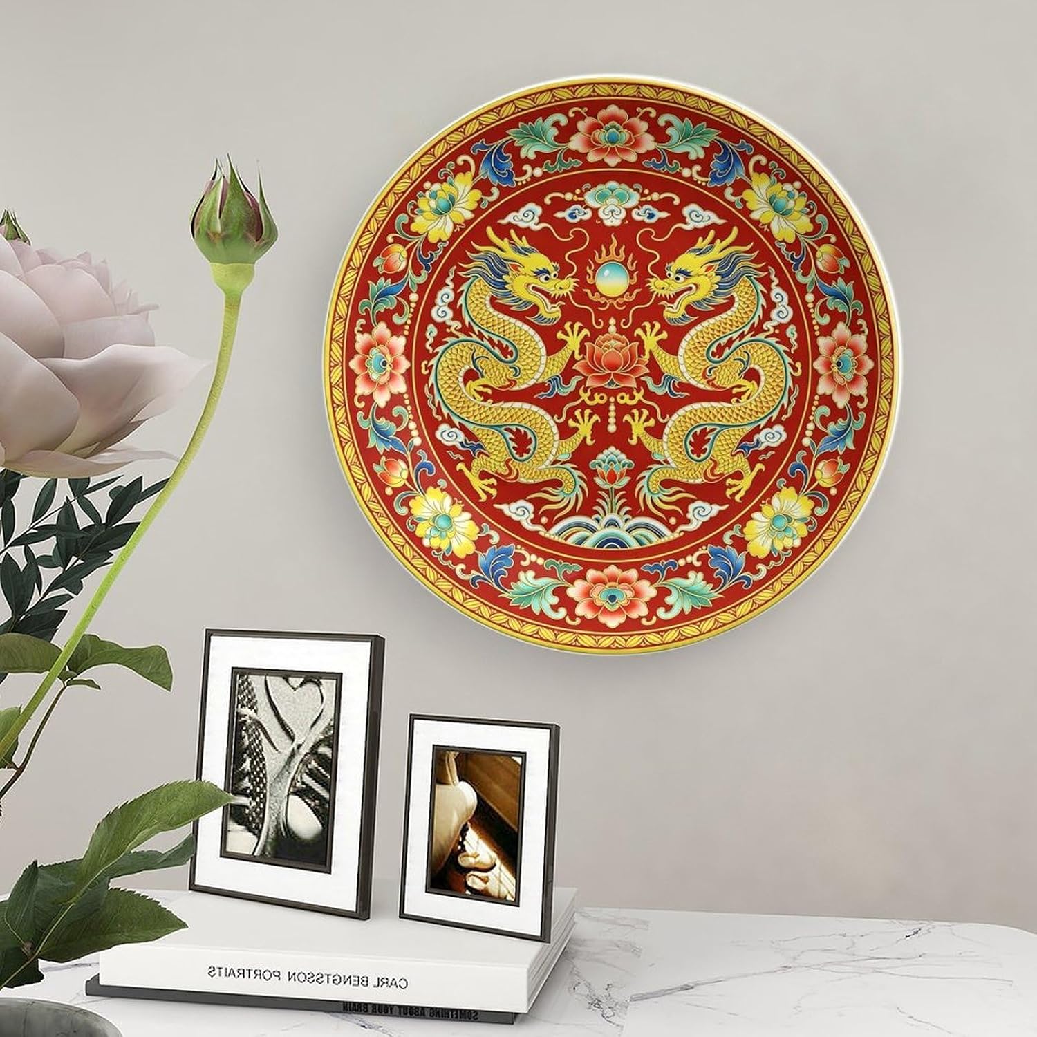 `Auspicious Dragon Pearl Porcelain Plate, Wall Decor for Living Room, Home Art` Bone China Decorative Plate, 8inch Wall Art Home Decor
