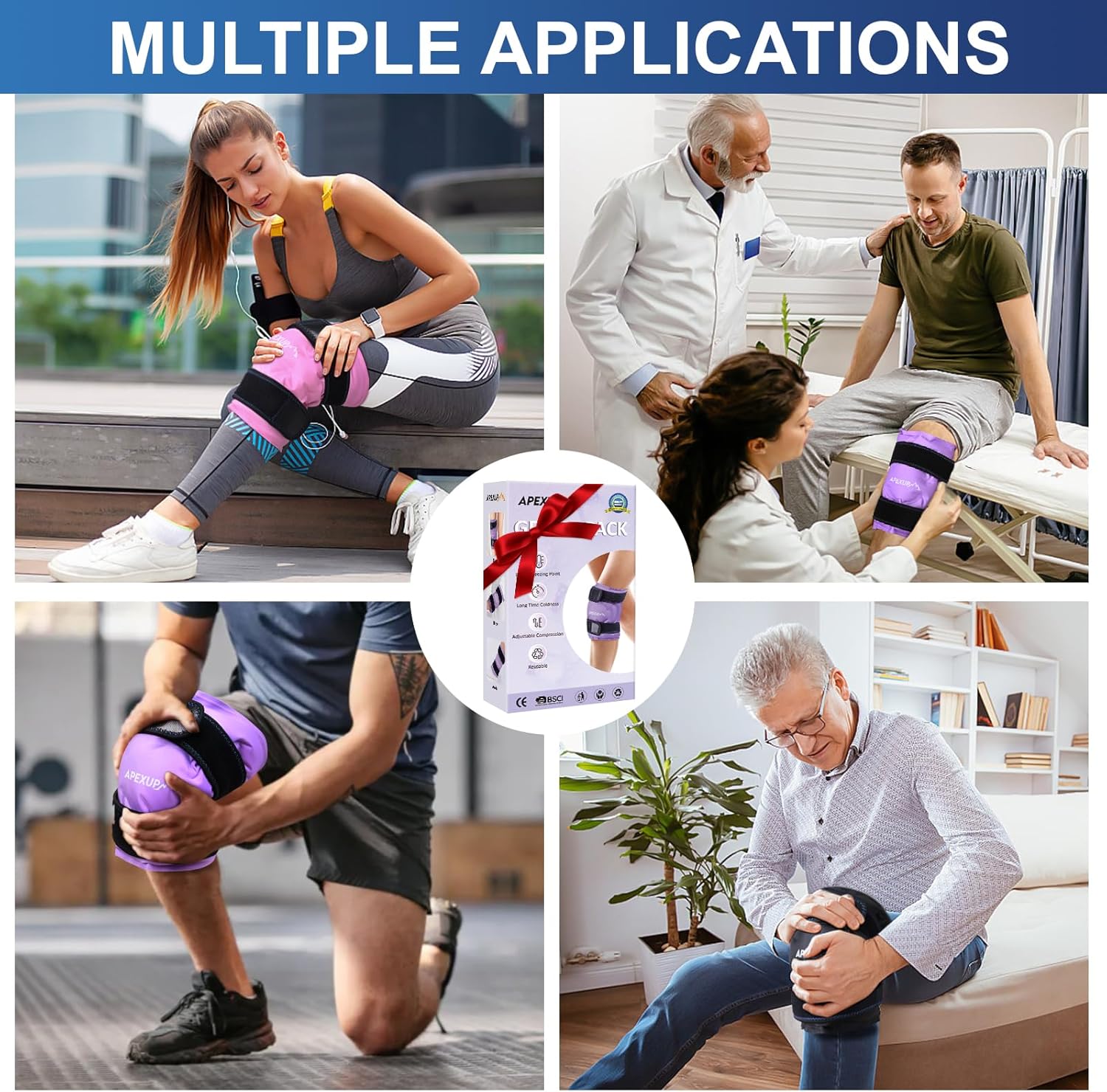 APEXUP Ice Pack for Knee Pain Relief, Large Reusable Wrap After Surgery, Flexible Gel Cold Pack for Injuries, Pain Relief for Back, Shoulder, Elbow, Ankle and Leg (Purple, XXL, 2PK)
