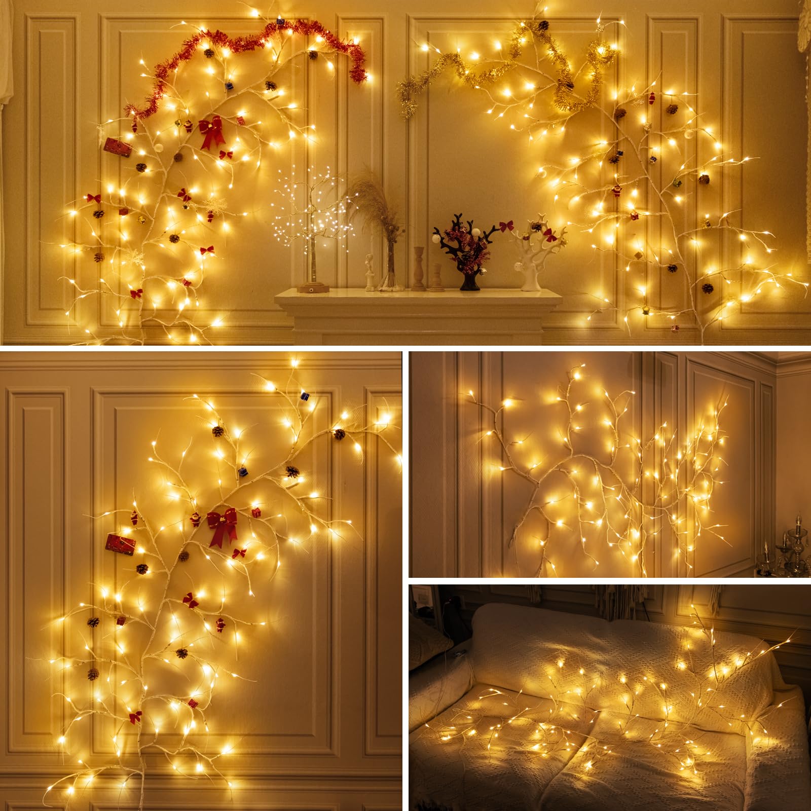 Guirnalda de Luces LED, 8 Modos Ramas de Abedul Cadena de Luces con Enchufe, 96 LEDs Modelado DIY para Decoración de Habitaciones, Dormitorios y Salones (96 Led (2 Unidades))