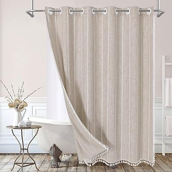 MitoVilla No Hook Boho Farmhouse Linen Shower Curtain Taupe 72x74