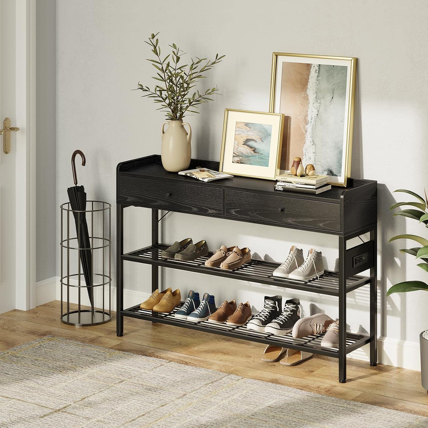 Rolanstar Entryway Table with Drawers,31.5” Entry Hallway Table with Charging Station Metal Storage Shelves,3-Tier Console Sofa Table Entry Stand with LED Lights for Couch, Entrance, Living Room