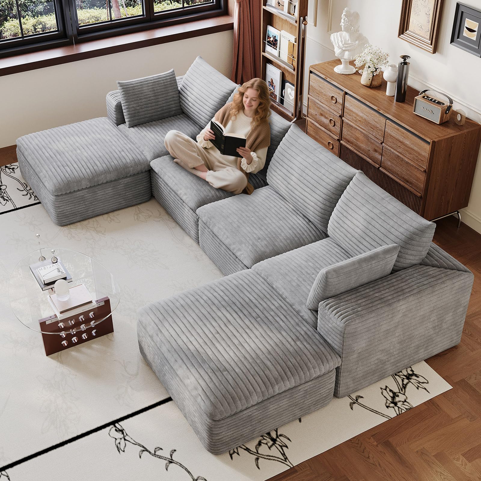 134" Cloud Couch Modular Sectional Sofa for Living Room, U-Shape Boneless Couch with Deep Seat, Modern Corduroy 4-Seater with Ottoman, No Assembly Required, Light Grey