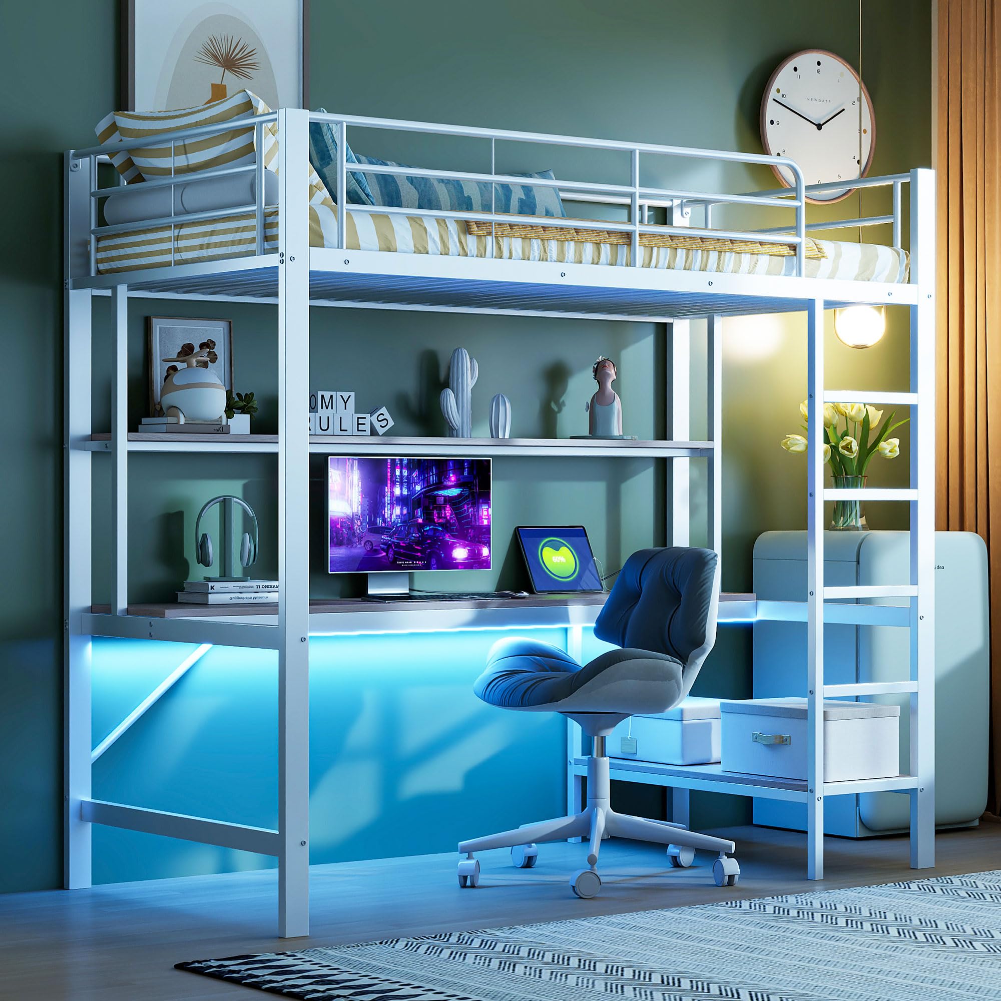 Łóżko antresolowe 90 x 200 Weiß, z 7 kolorami kontrolą aplikacji, gniazdko biurowe + USB, półka wielopoziomowa, drabina schodowa, poręcz, oszczędność miejsca do studia sypialni młodzieżowej