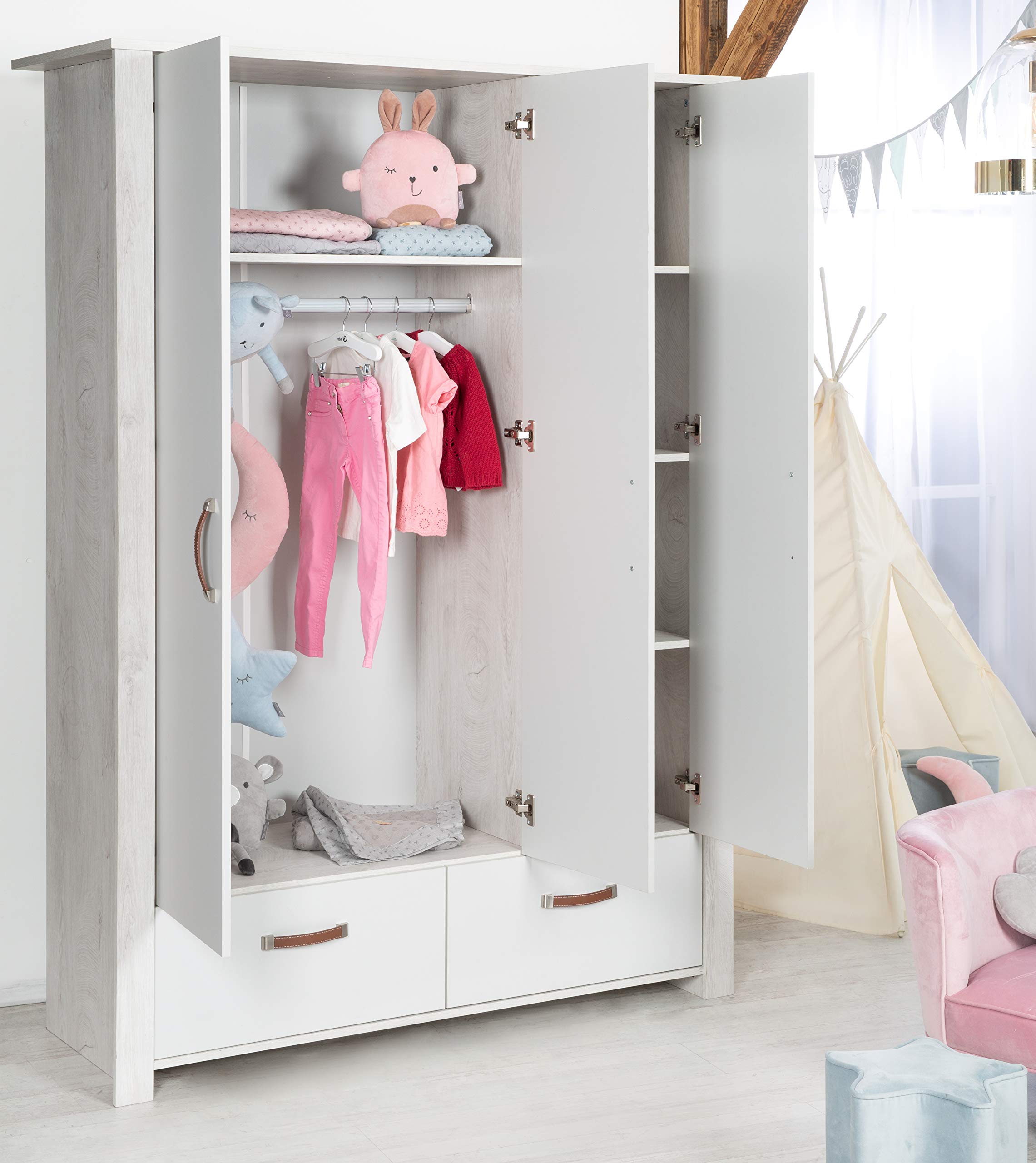 roba Kleiderschrank Mila 3 Türen 2 Schubladen Soft Close-Technik Drehtürenschrank grau weiß