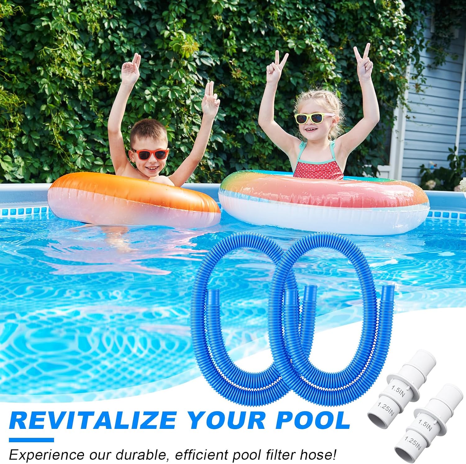 Nuanchu 4 Pack Pool Hoses for Above Ground Pools (1.5" & 1.25" x 59"), Universal Filter Pump Replacement Hose Kit with 4 Pcs 1-1/4" or 1-1/2" Pool Hose Adapter & Metal Clamps (Blue)