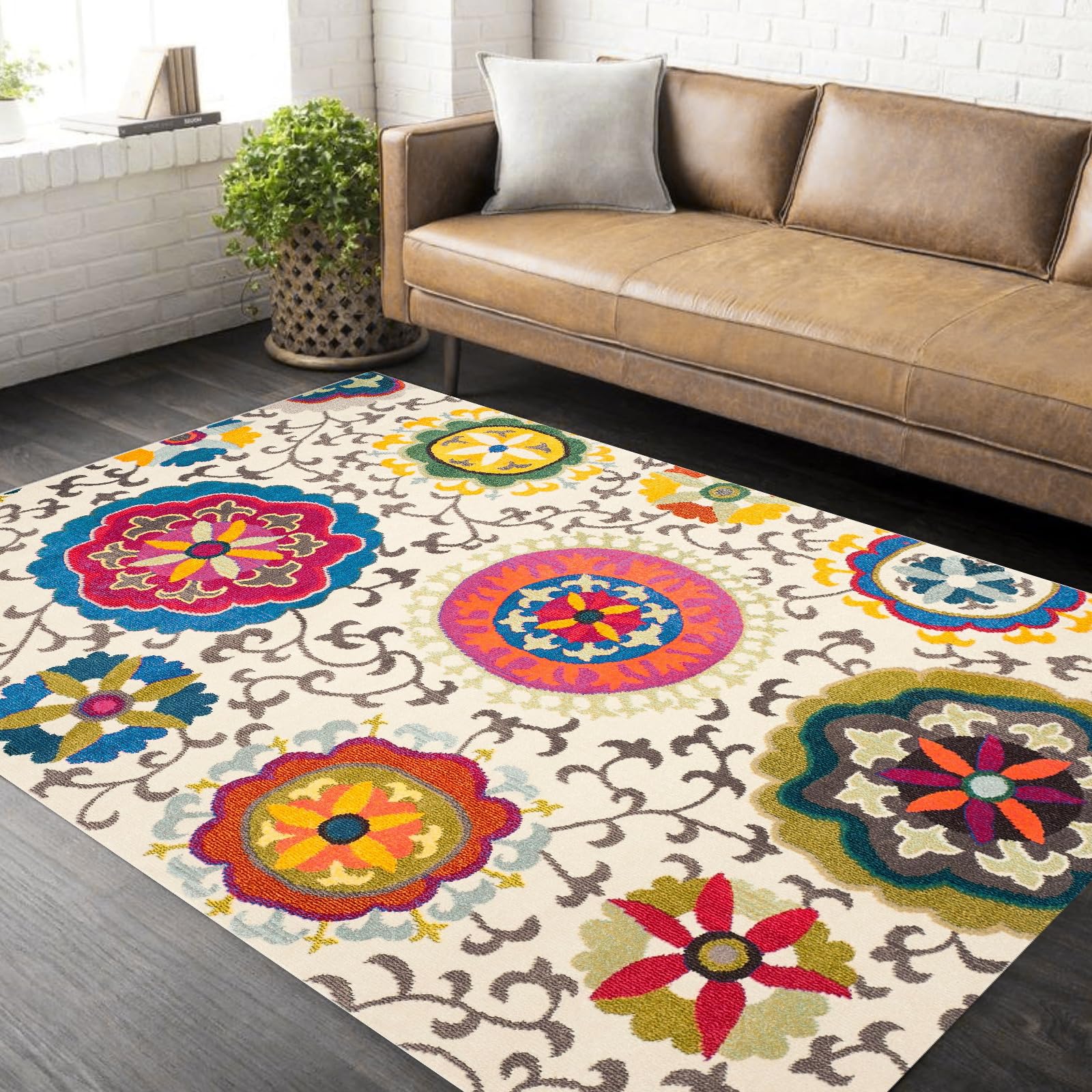 Tapis de sol multicolore floral beige 90x150cm pour decoration de chambre