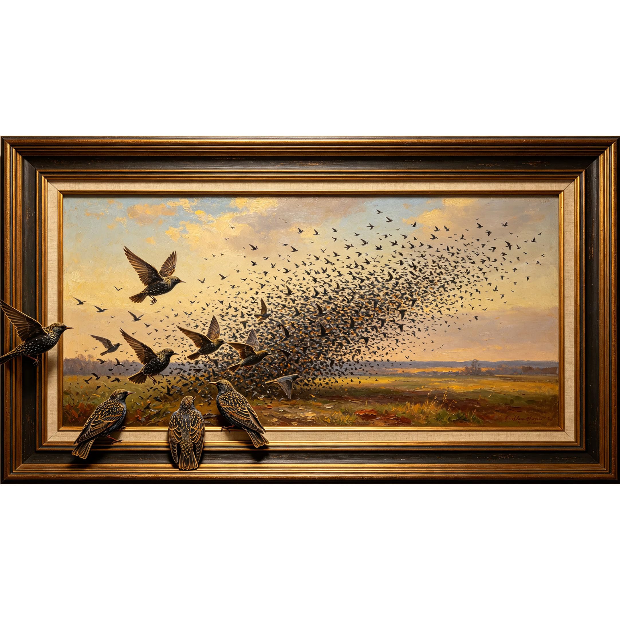 QZLITHOTIC 50×100cm 3D Framed Wall Art， Flying Birds Landscape Sunset SelfAdhesive Mural， WaterActivated Peel & Stick Fabric Decor Wall Decal for Bedroom Living Room