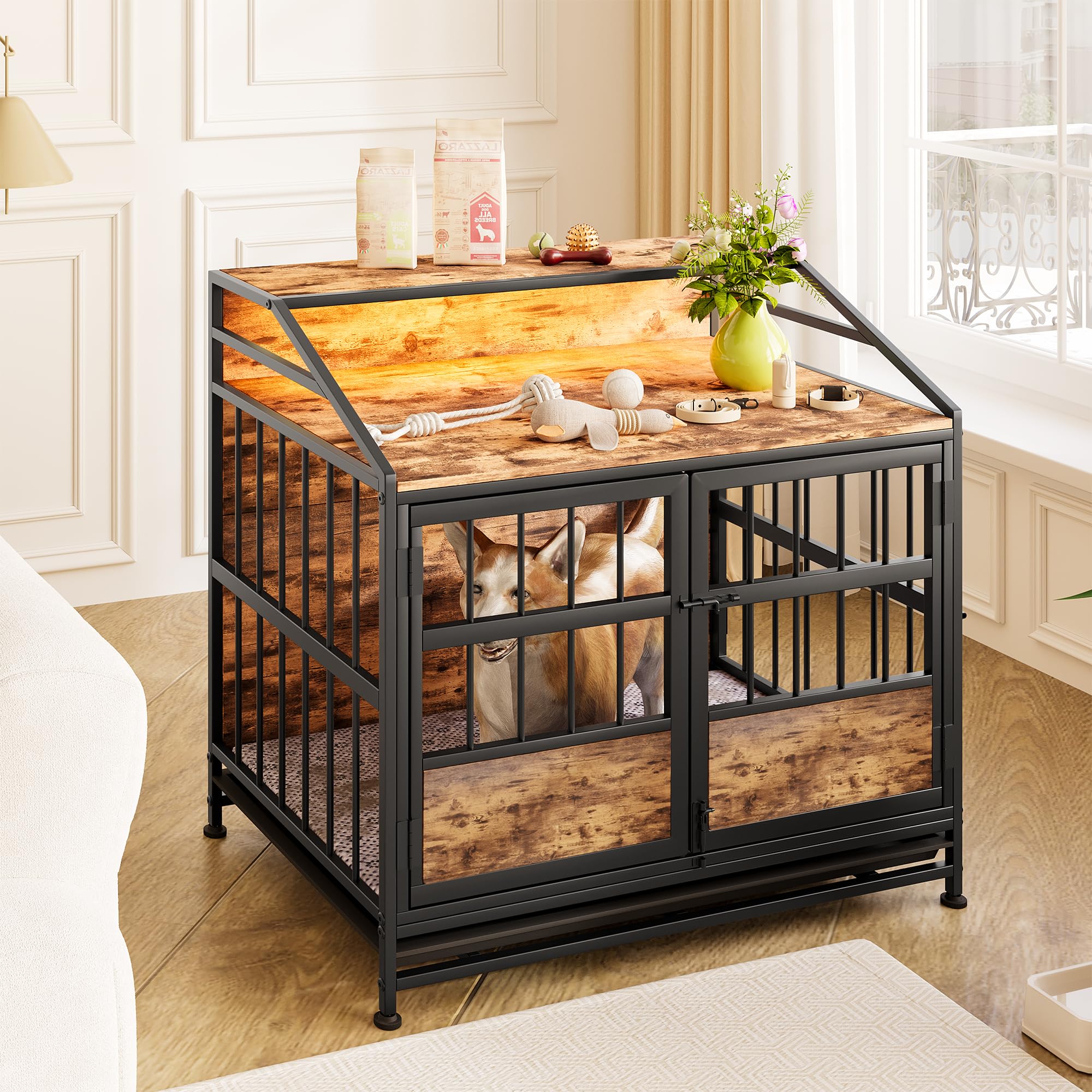 Cage chien, meuble rangement étagère, table bois, niche moyenne, plateau amovible