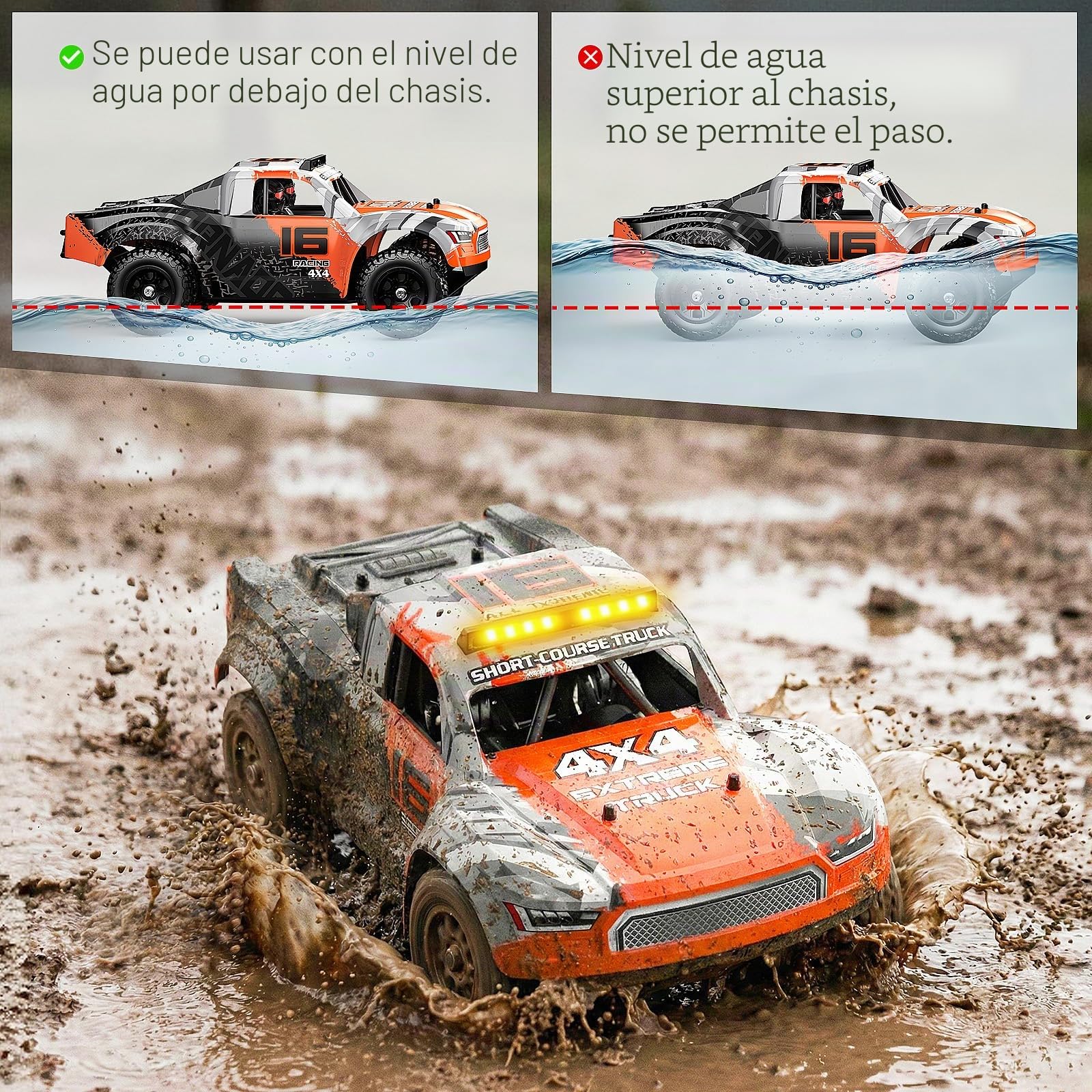 Coche teledirigido 1:16, Coche radiocontrol 4wd para Drift y Tierra 36 km/h, Coche RC 2,4GHz RTR, 2×7,4V 1300mAh baterías, 2 Juegos neumáticos, transmisión metálica, 8+ y Adultos Principiantes