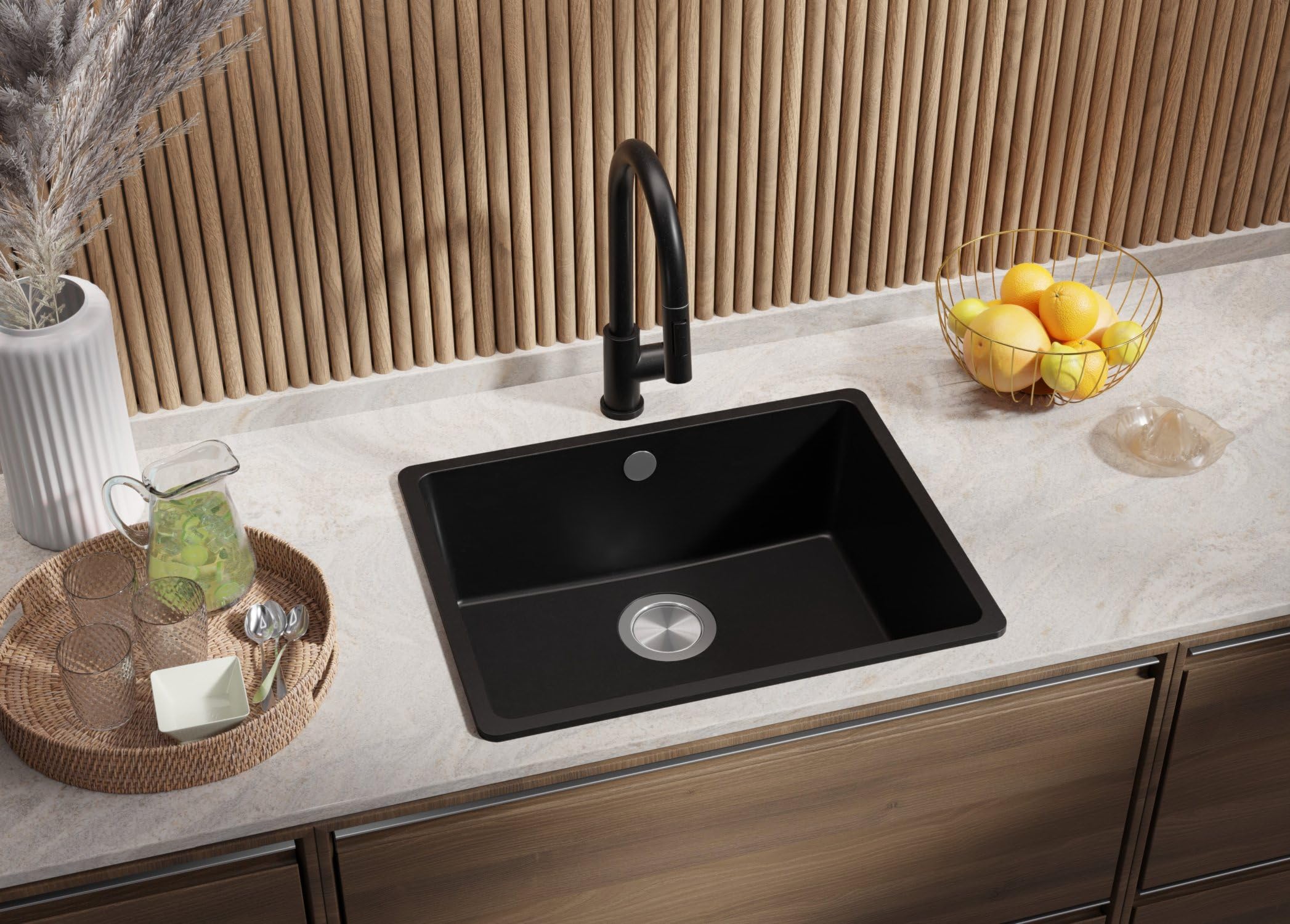 PRIMAGRAN Fregadero Granito Todo Negro - Venecia Easy Slim, 56x44cm | Cocina 1 Seno + Grifo 40x20cm + Set de accesorios, sobre Encimera al Mueble 60cm (S080)