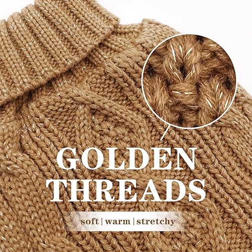 Miniatura 4 de KYEESE Suéteres para perros medianos, cuello alto, suéter de punto trenzado para cachorros con hilo dorado para clima frío, marrón, talla L