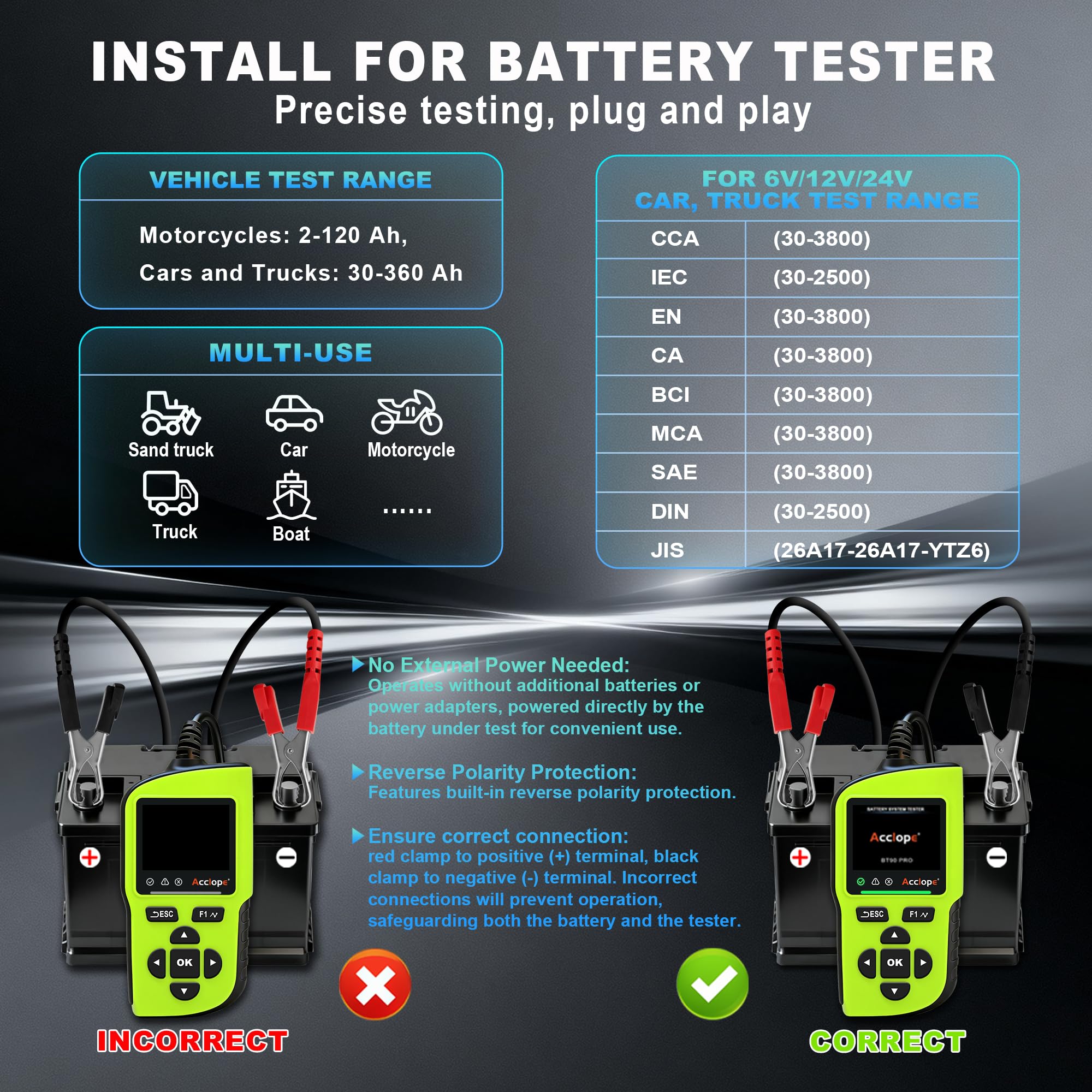 BT90 PRO Tester per batteria, 6V/12V/24V, capacità 2-360Ah, 30-3800 CCA, per batterie AGM/EFB/GEL/LiFePO4, con stampa su cloud, sistema Start-Stop, test del sistema di carica e avviamento, SOH