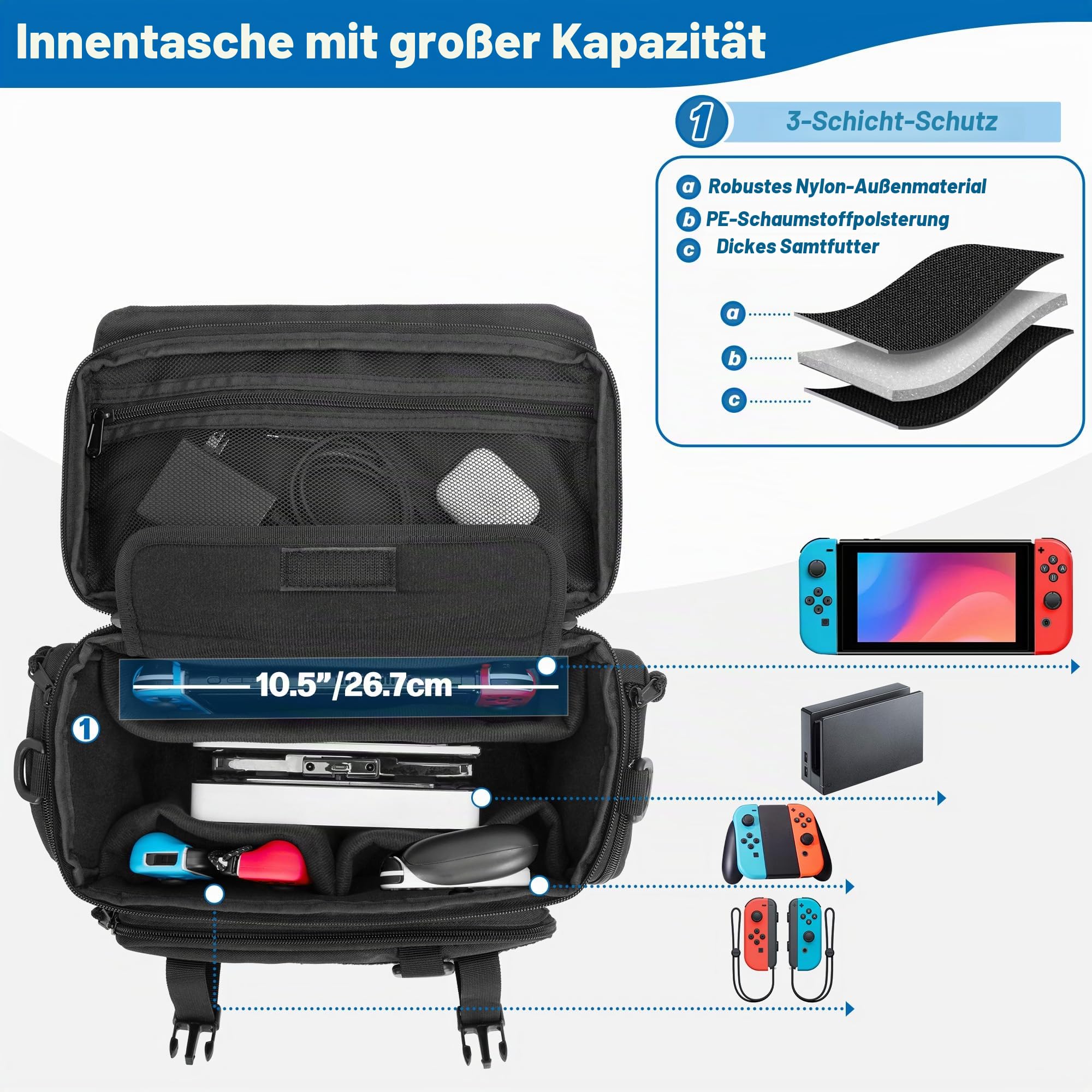 PGmoon Taktische Tragetasche Kompatible mit Nintendo Switch/ASUS ROG Ally | Schützende Tasche mit 18 Spielkartenfächern und Multi-Taschen für Docking Station, AC Adapter, Controller