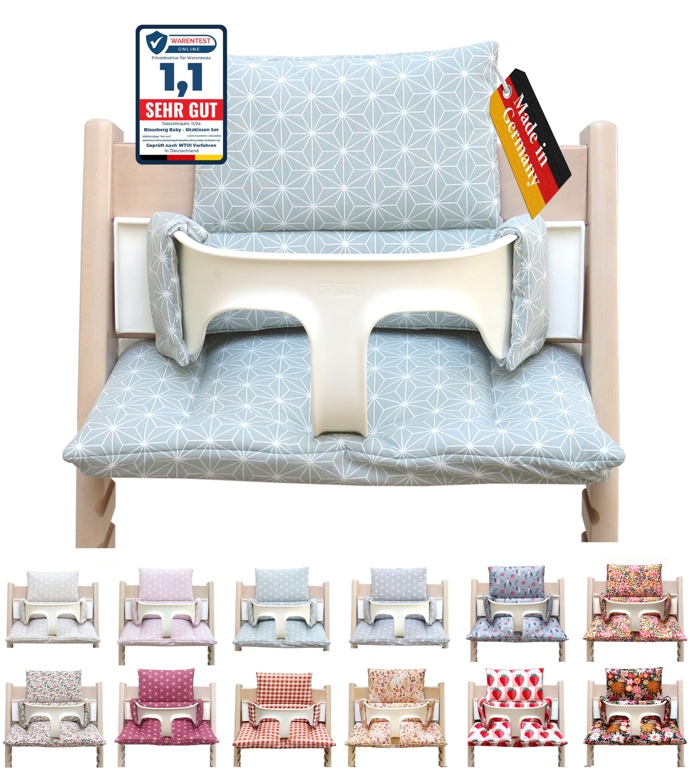 Blausberg Baby - Sitzkissen Set kompatibel mit Tripp Trapp® Stokke Hochstuhl Sitzkissen ABWASCHBAR Öko-Tex Baumwolle, 6 cm Sitzpolster nutzbar mit Baby Set & Holzbügel & Tray Table - Happy Star Grün