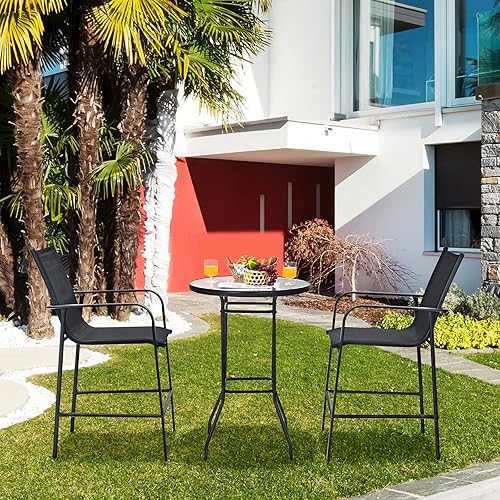 Miniatura 2 de Tangkula Juego de bar de patio al aire libre de 3 piezas, juego de bistró al aire libre con 2 taburetes de bar y 1 mesa de bar de vidrio templado,