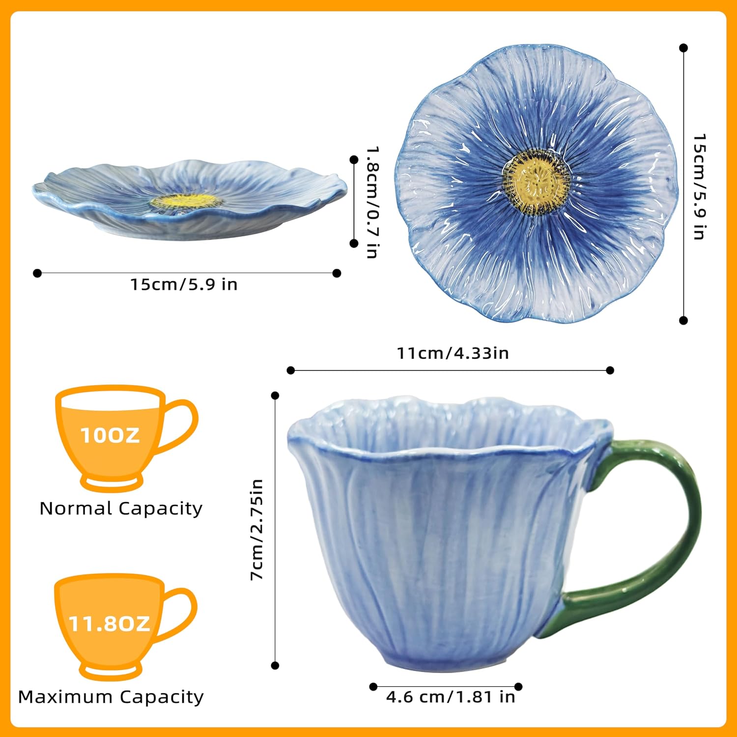 10 oz Tea Cups and Saucers, Ceramic Flower-shaped Cappuccino Cup, Latte Cup and Saucer set, elegant floral Espresso Cup set, cups are microwave and dishwasher safe-Blue