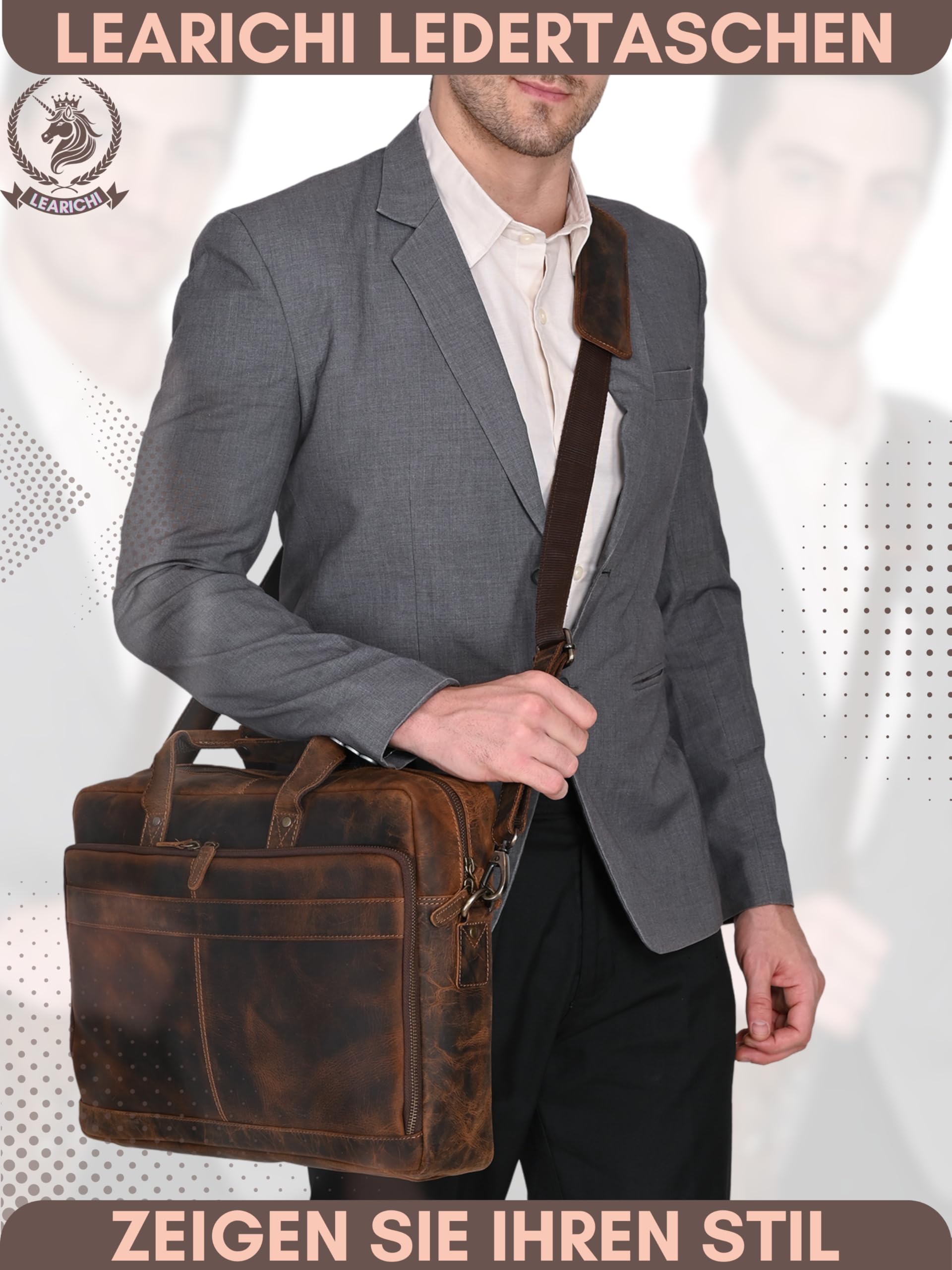 16 Zoll Herren Echt Jäger Leder Aktentasche Laptoptasche Ledertasche Business Laptop Tasche Große Messenger Umhängetasche Schultertasche Vintage Braun Bürotasche Arbeitstasche für Männer