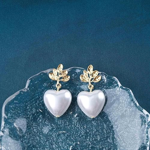 Vintage Pearl Heart Drop Earrings Gold Leaf Pearl Earrings White Pearl Heart Earrings Bridal Pearl Stud Earrings Jewelry for Women