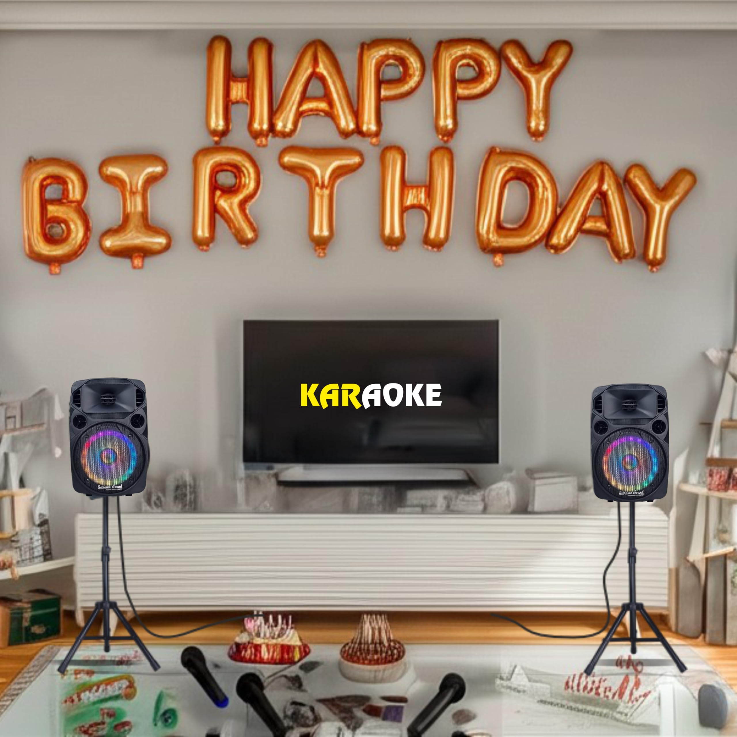 Coppia Casse Attiva + Passiva Con 2 Microfoni Wireless e Bluetooth - MINI KIT Per Karaoke, Per Piccoli Eventi e Feste- 2 Stativi Inclusi - Casse Audio Complete