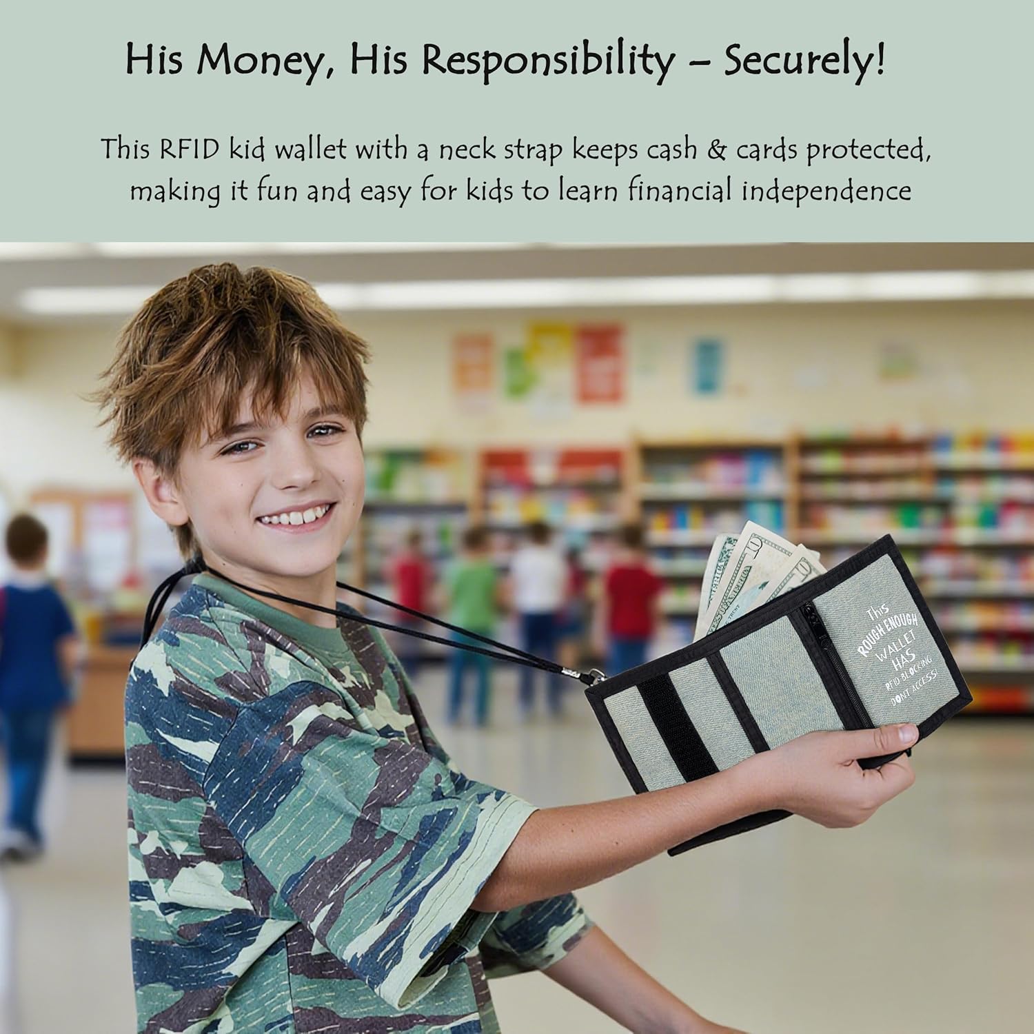 Rough Enough Kids Wallet for Boys Teens RFID Blocking Wallet with Lanyard Keychain Letter Print Blue Green Vintage Denim Canvas for Travel Outdoor Activities - Image 5