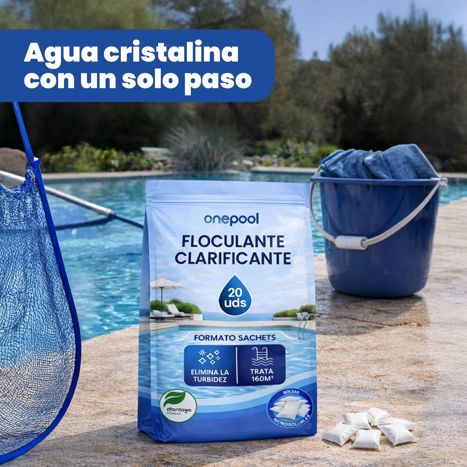 PLANTAWA Flocculante in polvere 20 bustine | Flocculante Chiarificante per Piscine, Equivale 2,5 KG, Eliminatore Turbidità, con Ingredienti Origine Vegan, Tutti i Tipi Piscine, SPA
