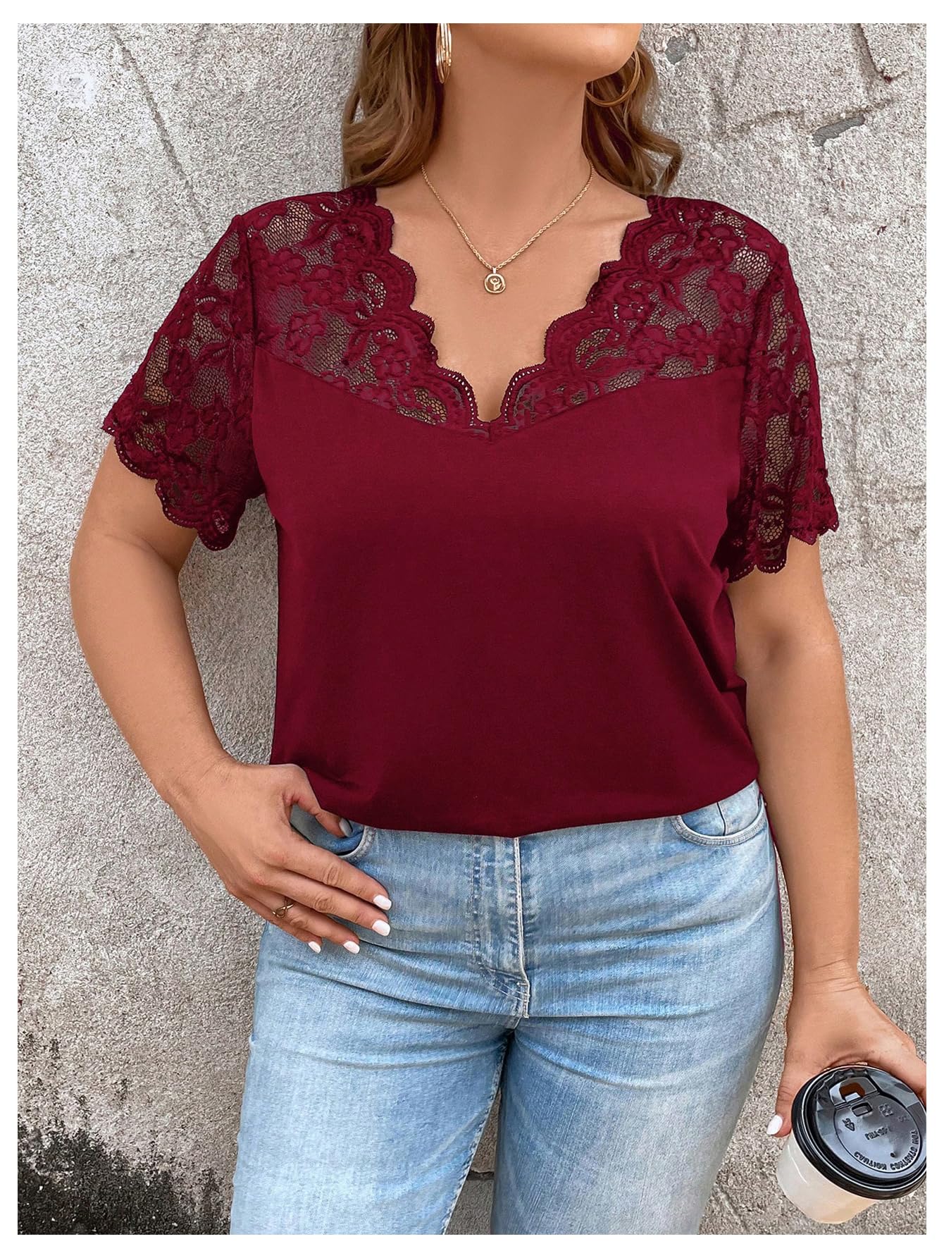 OYOANGLE Women's Plus Size Summer Lace Scallop V Neck Short Sleeve Blouse Shirt Tops