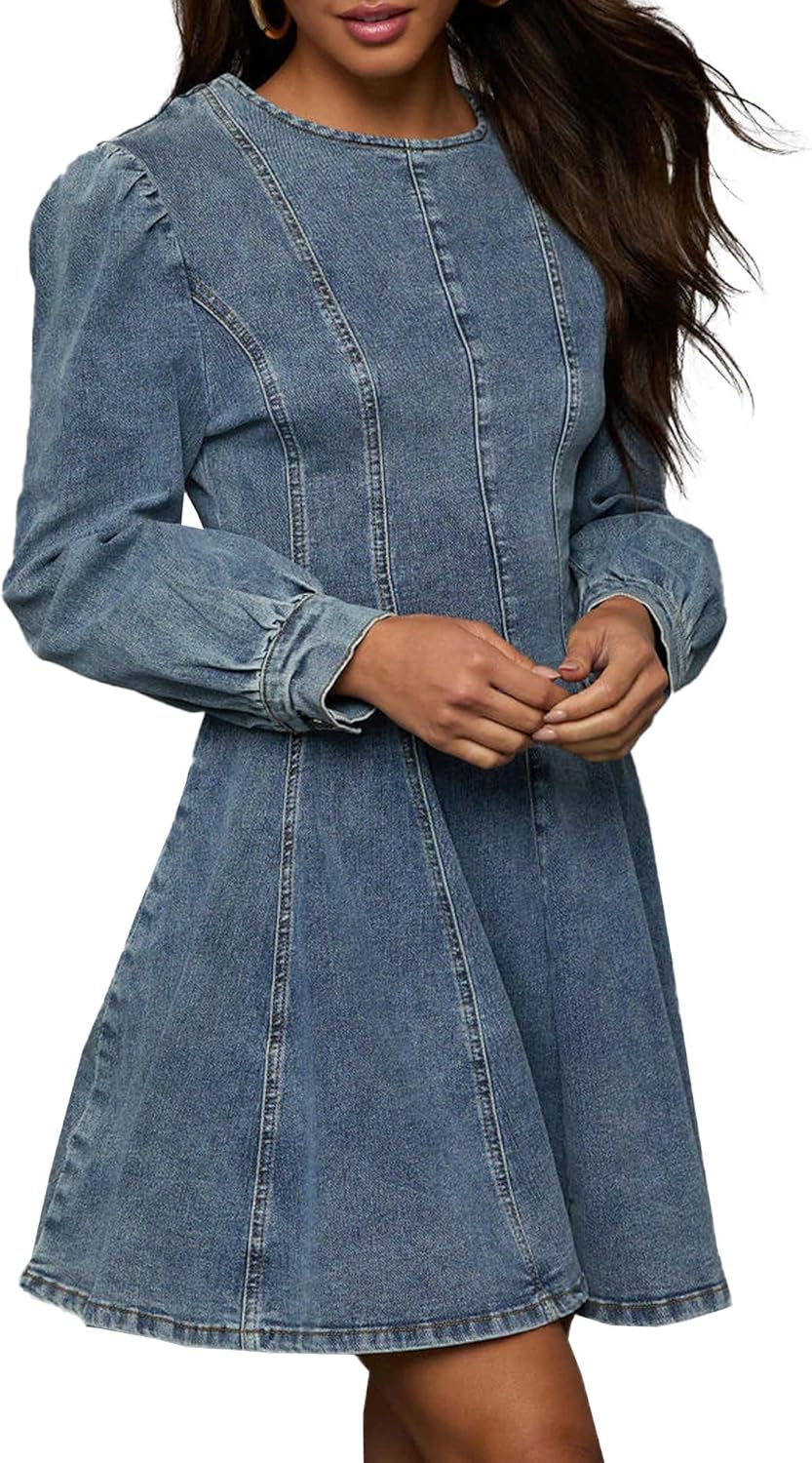 SOMTHRON Women's Long Sleeve Denim Mini Dress Crewneck Ruffle Flare A Line Fall Short Jean Dress