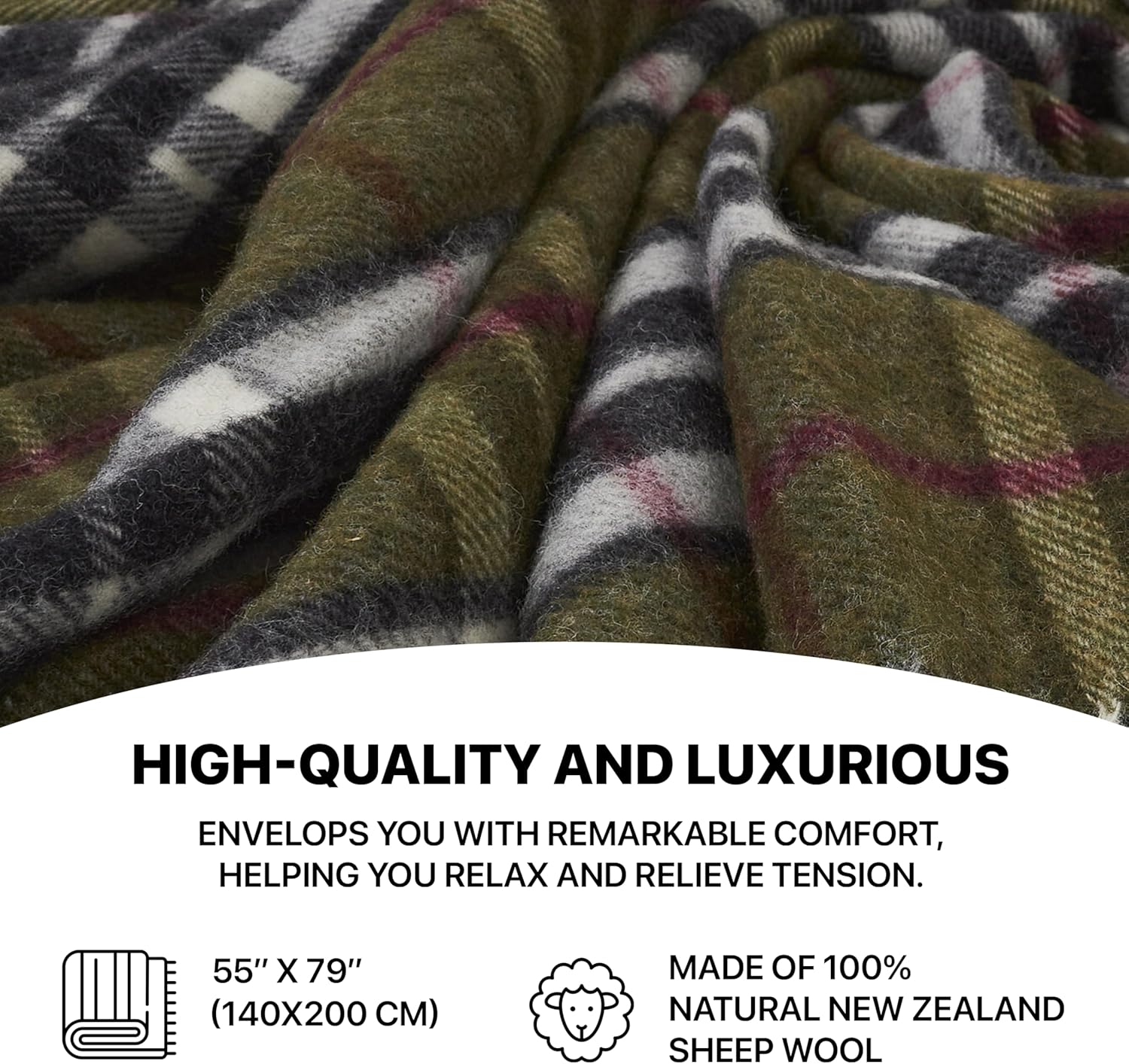 | Wool Blanket/Throw | 100% New Zealand Wool | Perfect for Home and Outdoors | Virgin Wool Blanket with Fringes 55"x79" (140 x 200 cm) (Moss Green)