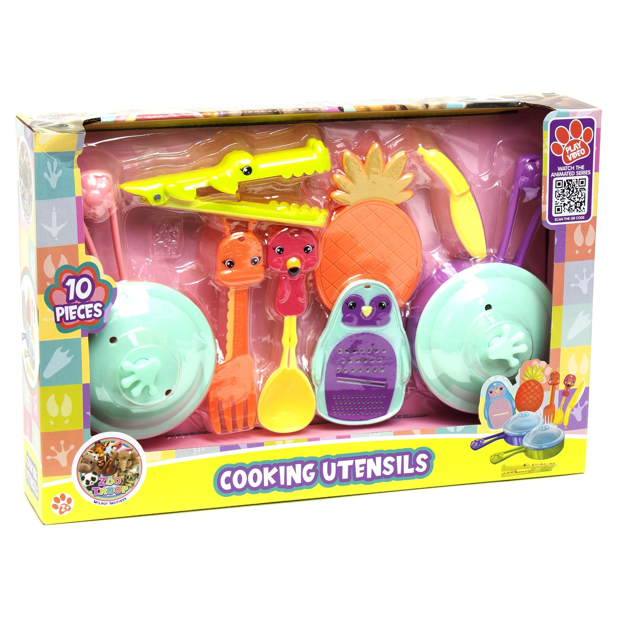 Boley Zoo Troop: Cooking Utensils - 10pc Animal Themed Kitchen Playset, Pots/Lids, Fork, Spoon, Tongs, Grater, Cutting Board & Knife, Toy Set, Kids Ages 2+