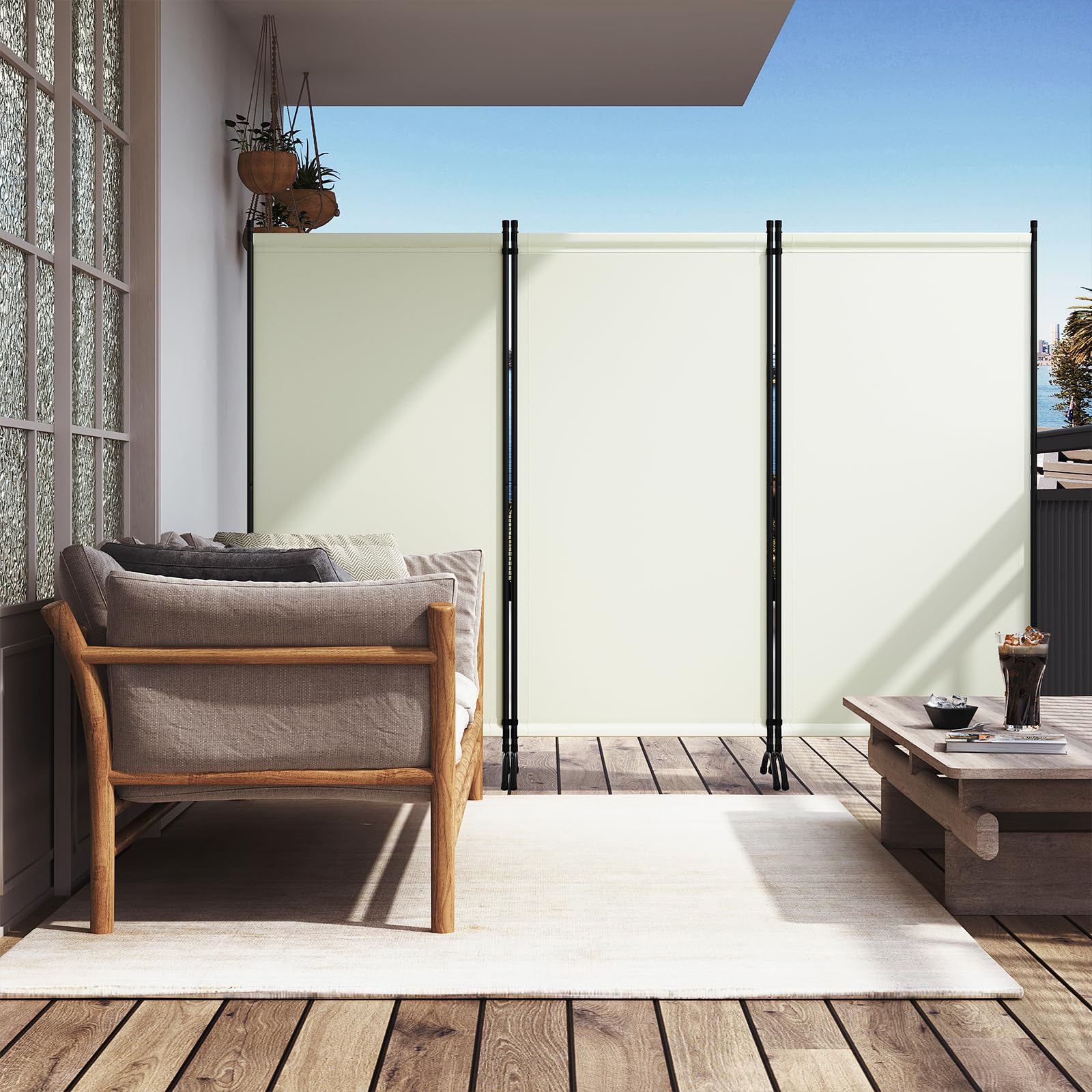 WOLTU Paravento, divisorio per Ambienti, Schermo per la Privacy, autoportante, Schermo in 3 Parti con Telaio in Metallo e Staffa per Ufficio, Balcone, Camera da Letto, Giardino, 255x182 cm, Crema
