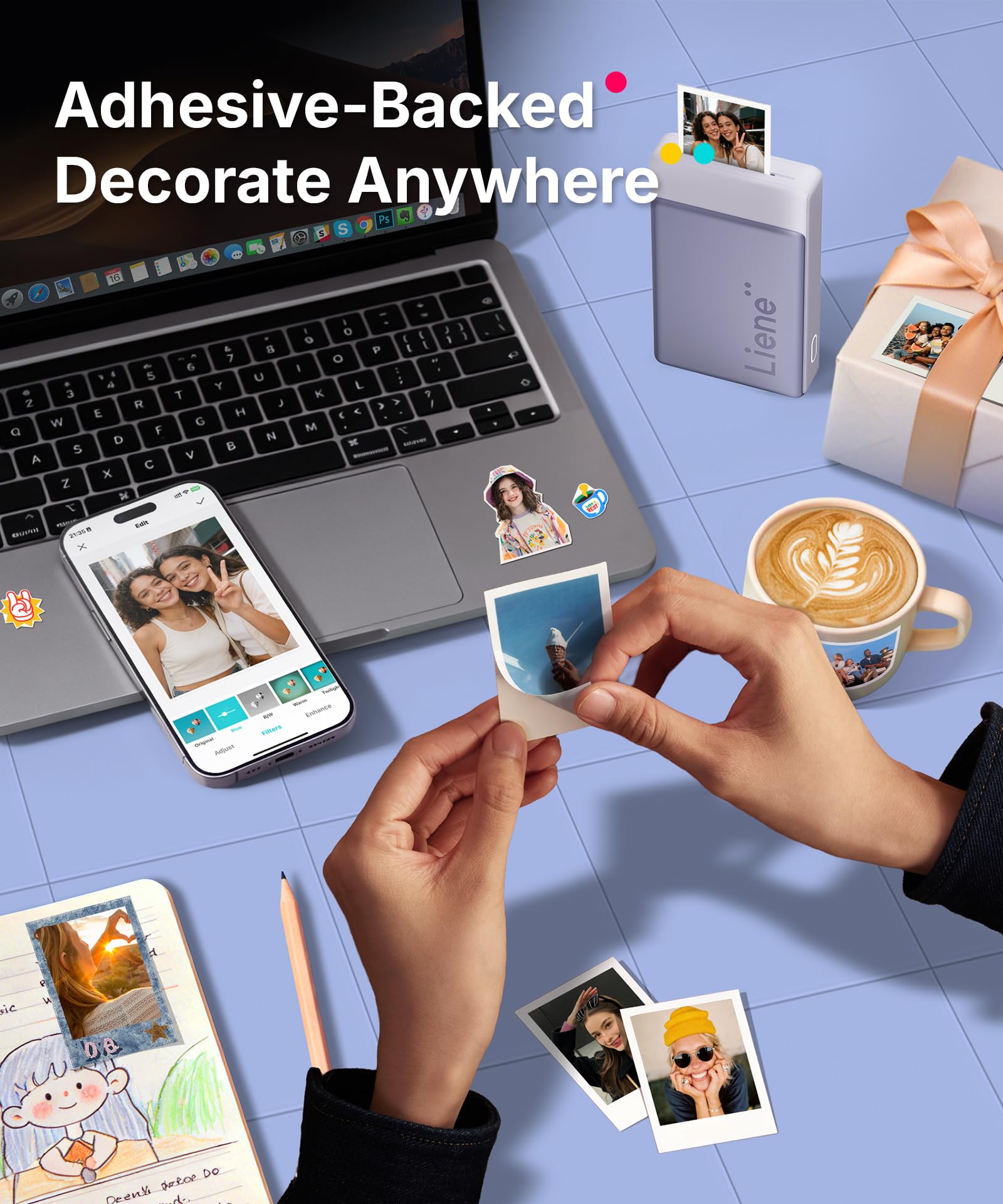 Liene Pearl N200 Pro Max Packet – Tragbarer Mini-Fotodrucker mit Farbsublimation, inkl. großzügigem Fotopapier- & Farbband-Vorrat, Bluetooth, 300 dpi, Sofortbilddrucker für iPhone/Android, Akku, Viole
