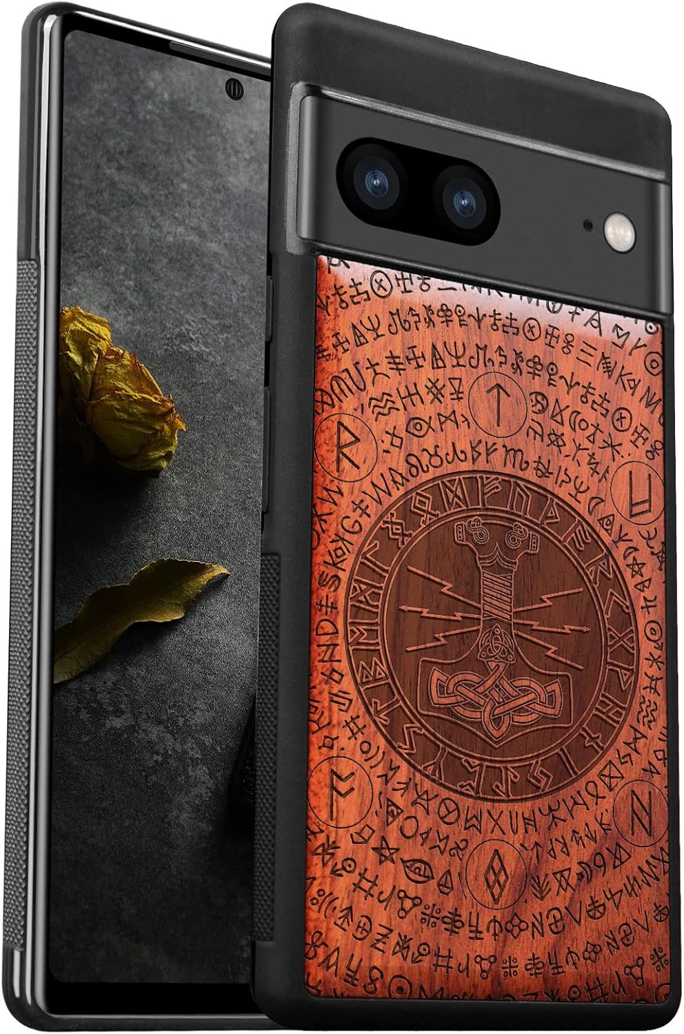 Carveit Wood Case for Pixel 7 Case [Natural Wood & Black Soft TPU] Shockproof Protective Unique & Classy Wooden Cover Compatible with Google Pixel 7 (Thors Hammer-Rosy)