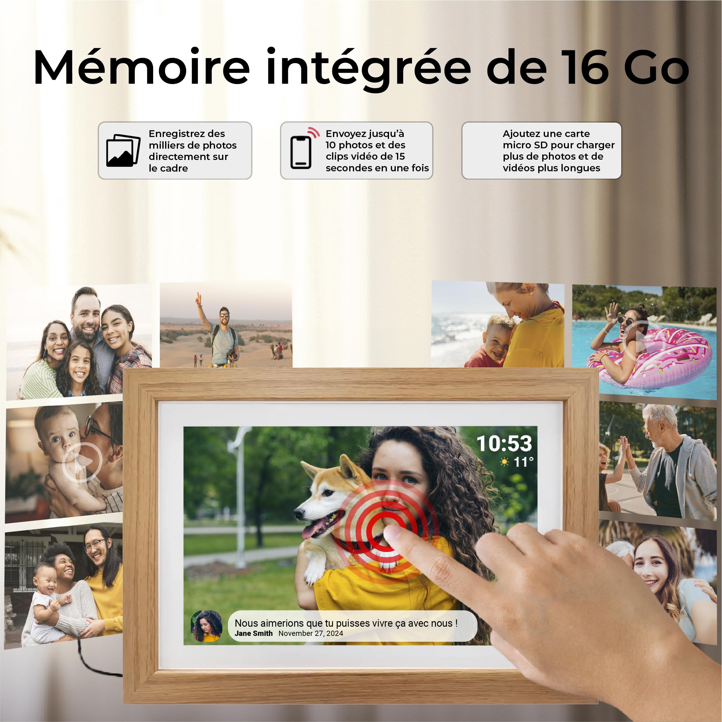 Denver PFF-1042LW Cadre Photo numérique Wi-FI FRAMEO 10,1 Pouces, écran Tactile IPS 1280 x 800, mémoire 16 Go, Application iOS/Android, Bois Clair