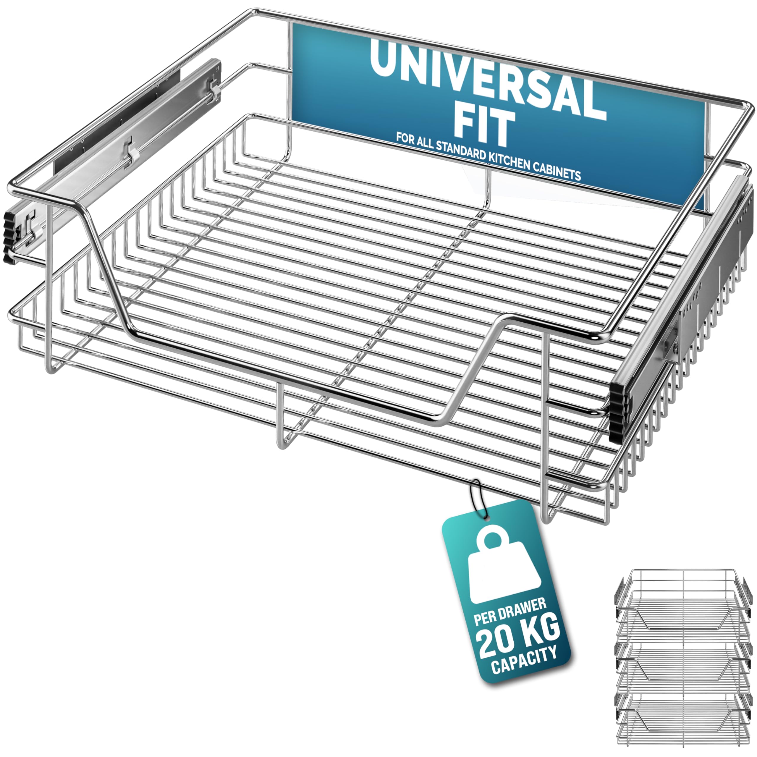 CASARIA® 3x Pull Out Telescopic Kitchen Drawer | For 60cm Units - 56cm Internal Cabinet Dimensions | Chrome-Plated | 20kg Load Capacity | Basket Shelf Organiser Storage Space Saving
