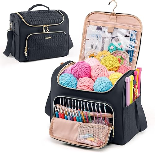 MYBAGZING Organizador de bolsas de ganchillo, bolsa de almacenamiento acolchada con gancho para colgar, soporte de hilo para tejer y accesorios de