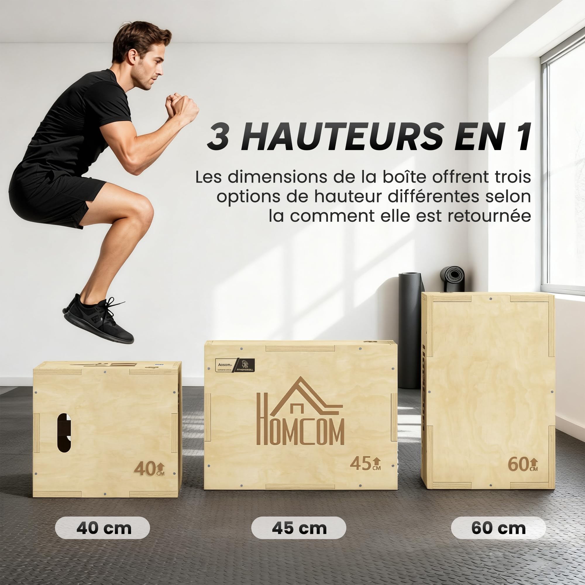 HOMCOM Box jump pliométrico 3 en 1 - Colaboración Aosom.fr x FFHandball - aparato caja de salto musculación fitness & crossfit plyobox para entrenamiento de caja