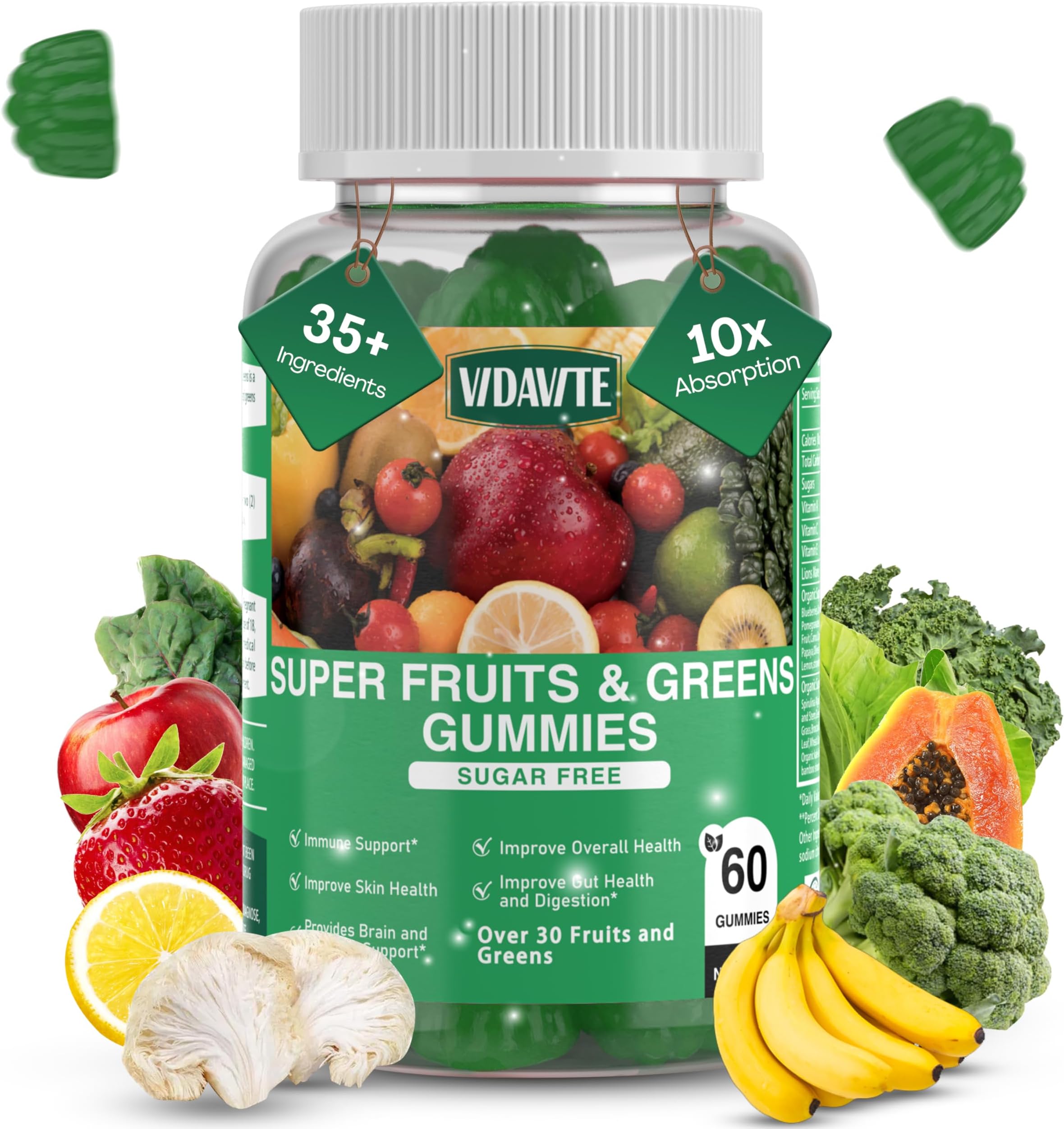 Sugar-free Super Greens Gummies — US-Made, 35+ Fruit and Veggie gummies to Boost Immunity, Skin & Gut Health — Ideal Fruits and Vegetables Supplement for Adults & Picky Teens (30-Days Supply)