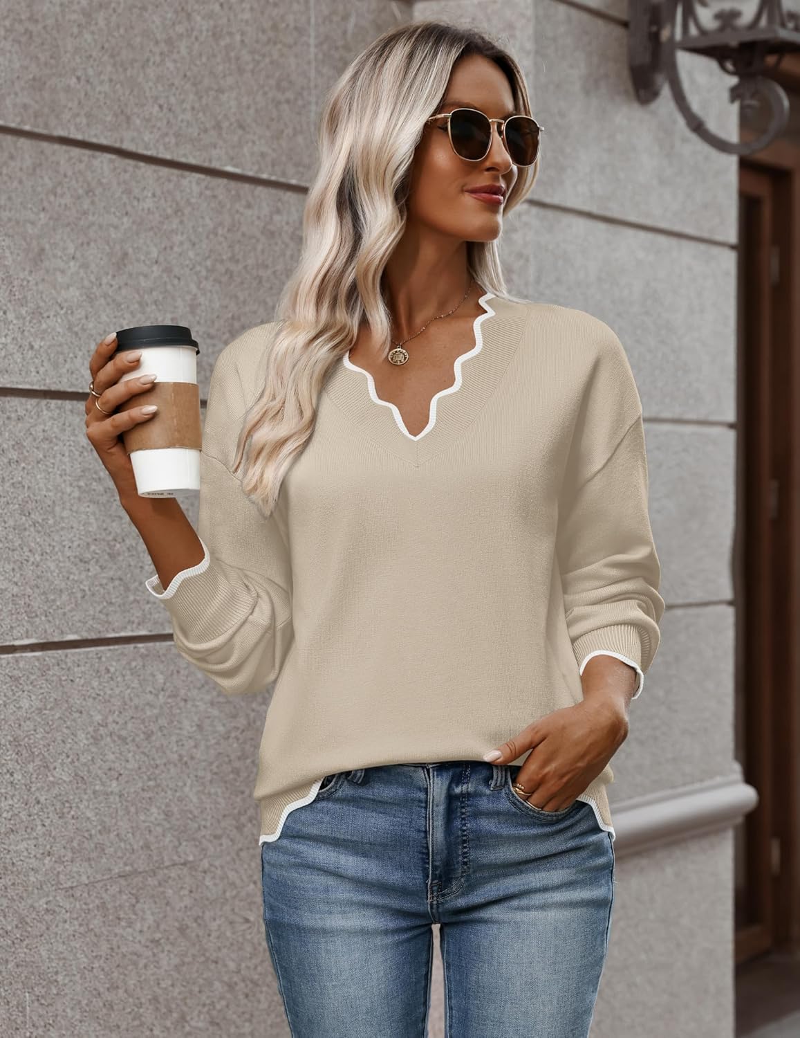 Zeagoo Women's 2026 Fall V Neck Sweater Casual Long Sleeve Lightweight Ribbed Knit Pullover Sweaters Dressy Casual Tops - Image 6