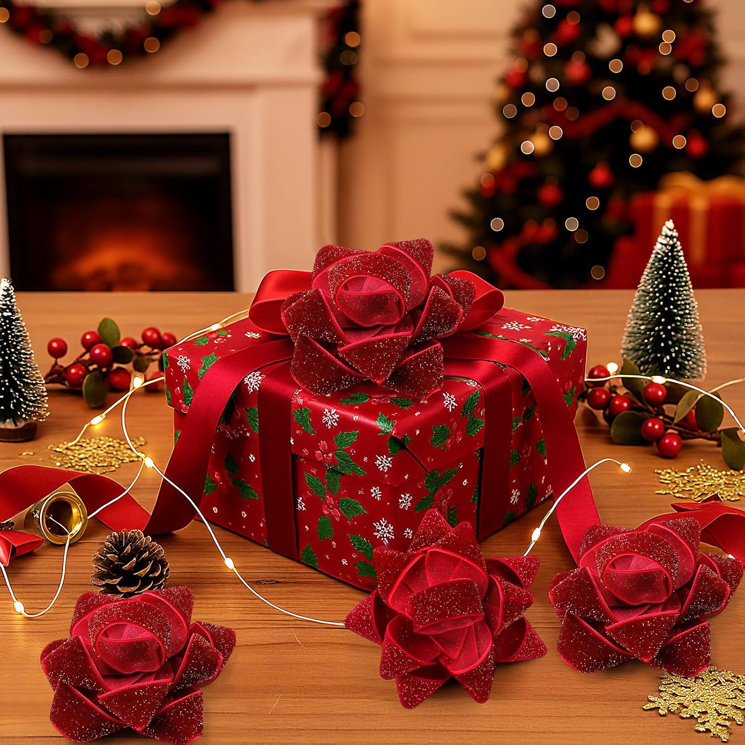 Knitgrip 24 Pcs Christmas Burgundy Red Velvet Gift Bow for Gift Wrapping 2.76'' Christmas Self Adhesive Glitter Ribbon Bows Stick on Flocked for Xmas Present Wrapping Decor Wreaths Tree - Image 4