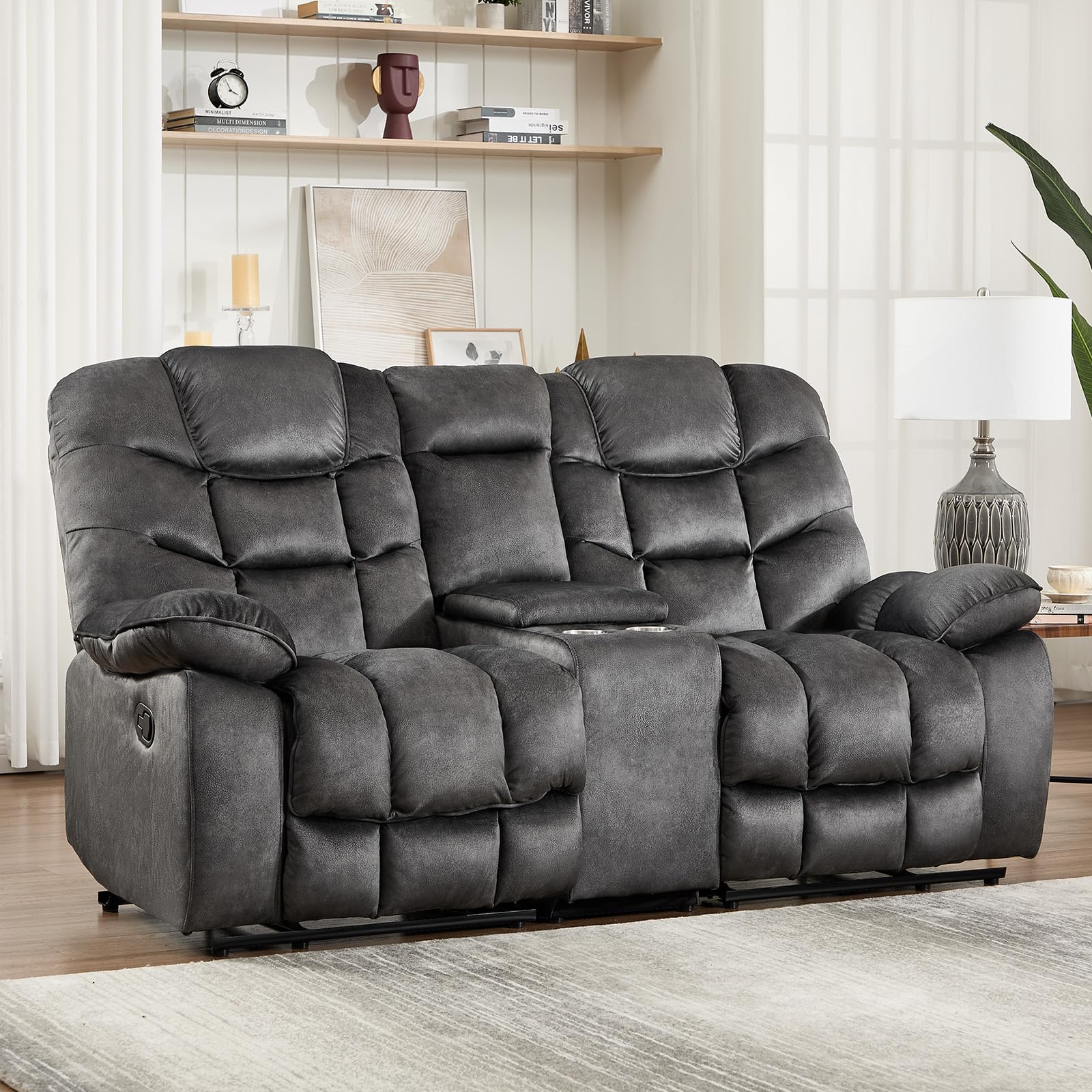 HAOMARKETS Manual Reclining Loveseat Sofa for Living Room, 77" Wide Overstuffed 2-Seater Recliner Couch with Cup Holders &amp; Storage Console, Breathable Fabric and Padded Seat, Grey