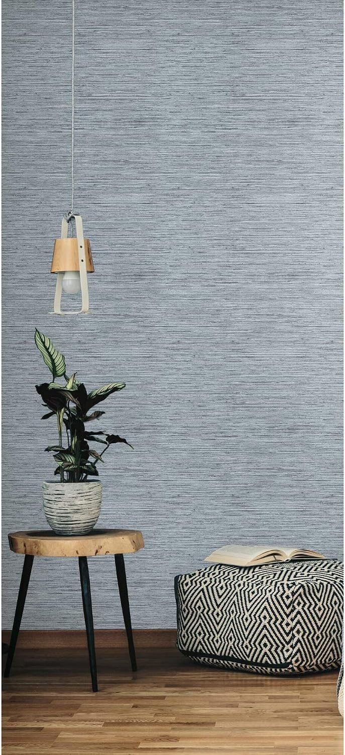 RoomMates Blue and Gray Faux Grasscloth Peel and Stick Wallpaper, Removable Self-Adhesive Wallpaper Roll, Textured Look